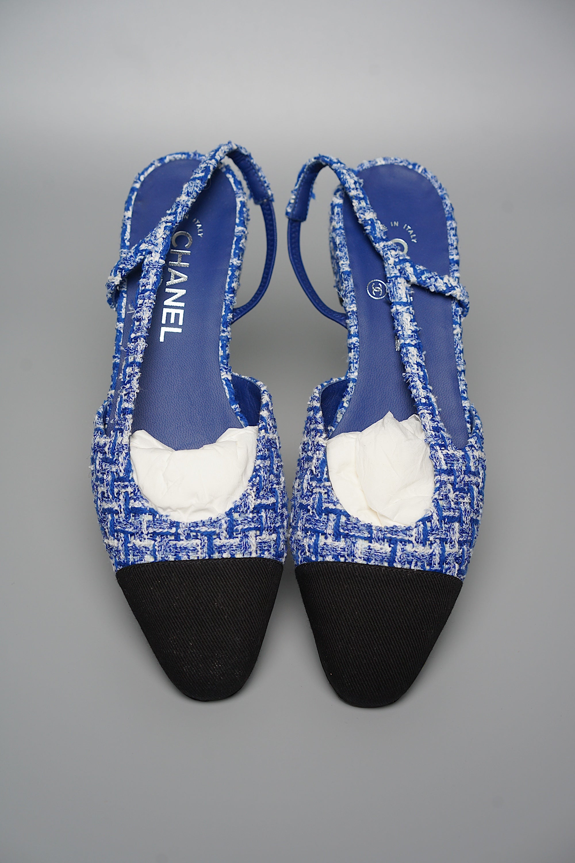 Chanel Cap Toe CC Slingback Flat in Blue Tweed Size 38C – BRANDPORTER