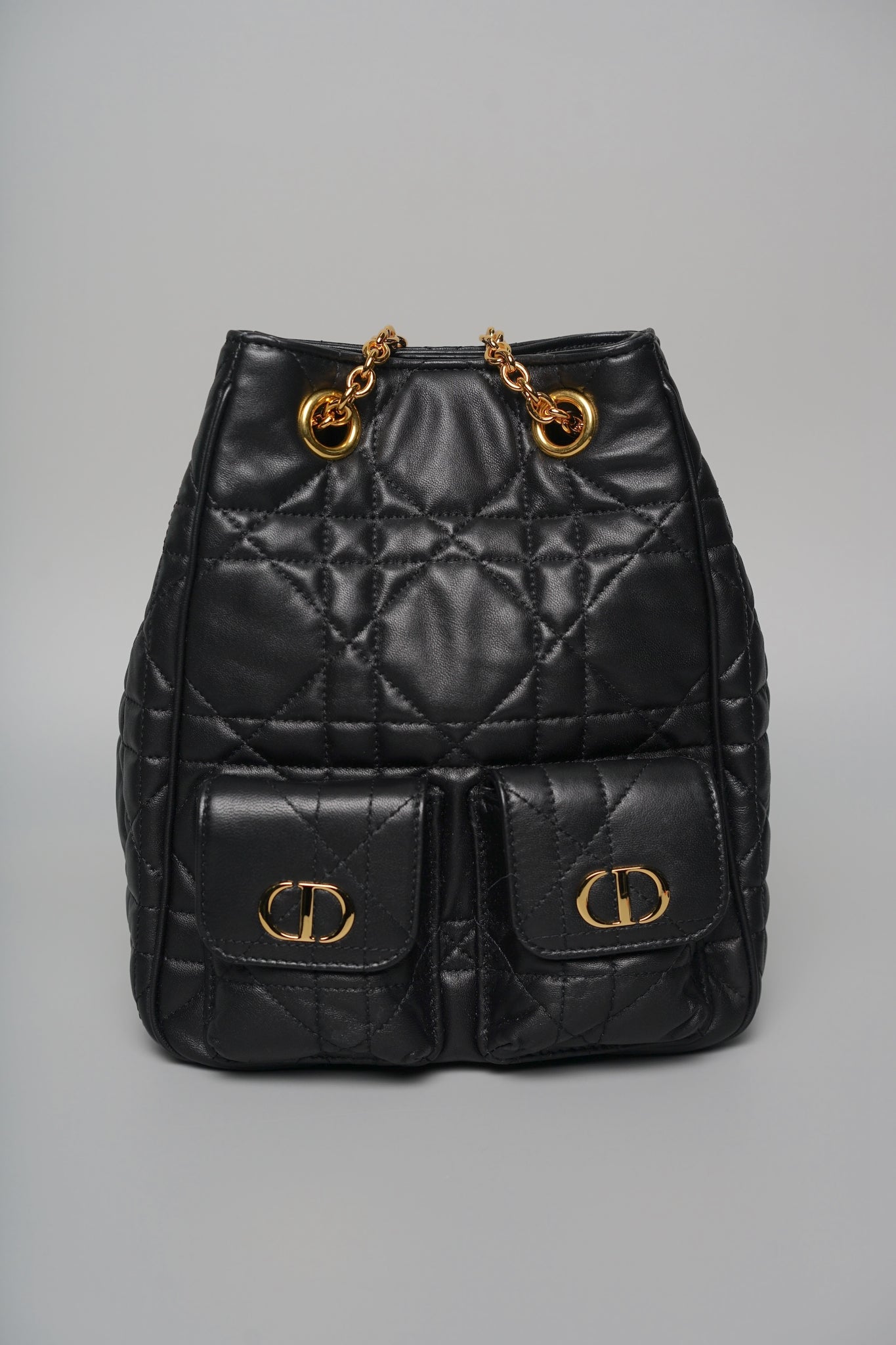 Dior Medium Caro Multicarry Backpack with Chain in Black Macrocannage Lambskin (Brand New)