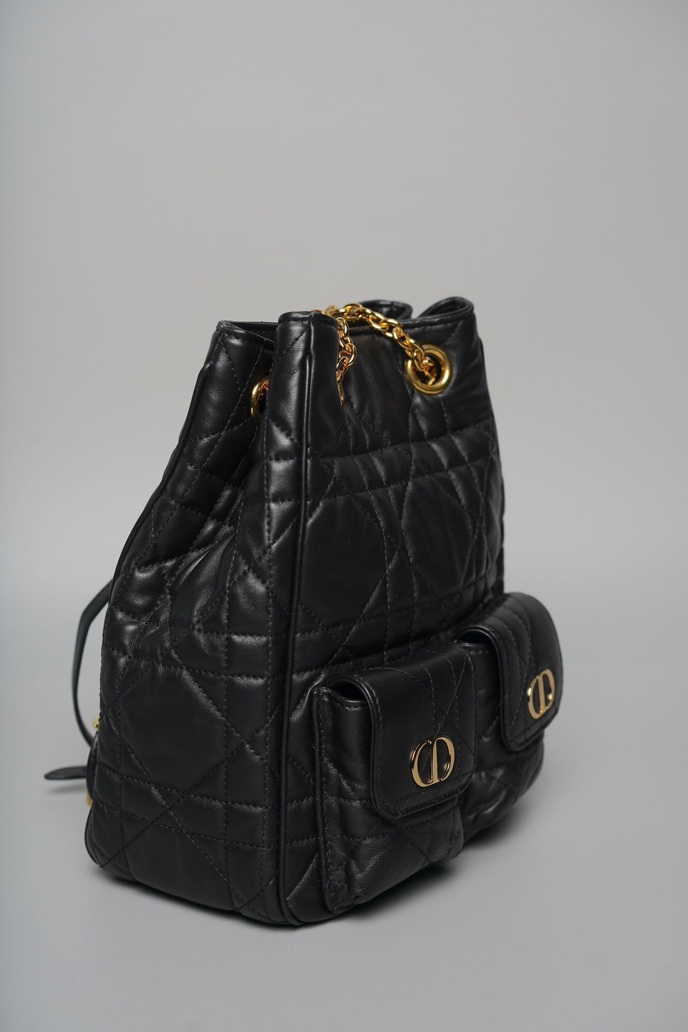 Dior Medium Caro Multicarry Backpack with Chain in Black Macrocannage Lambskin (Brand New)