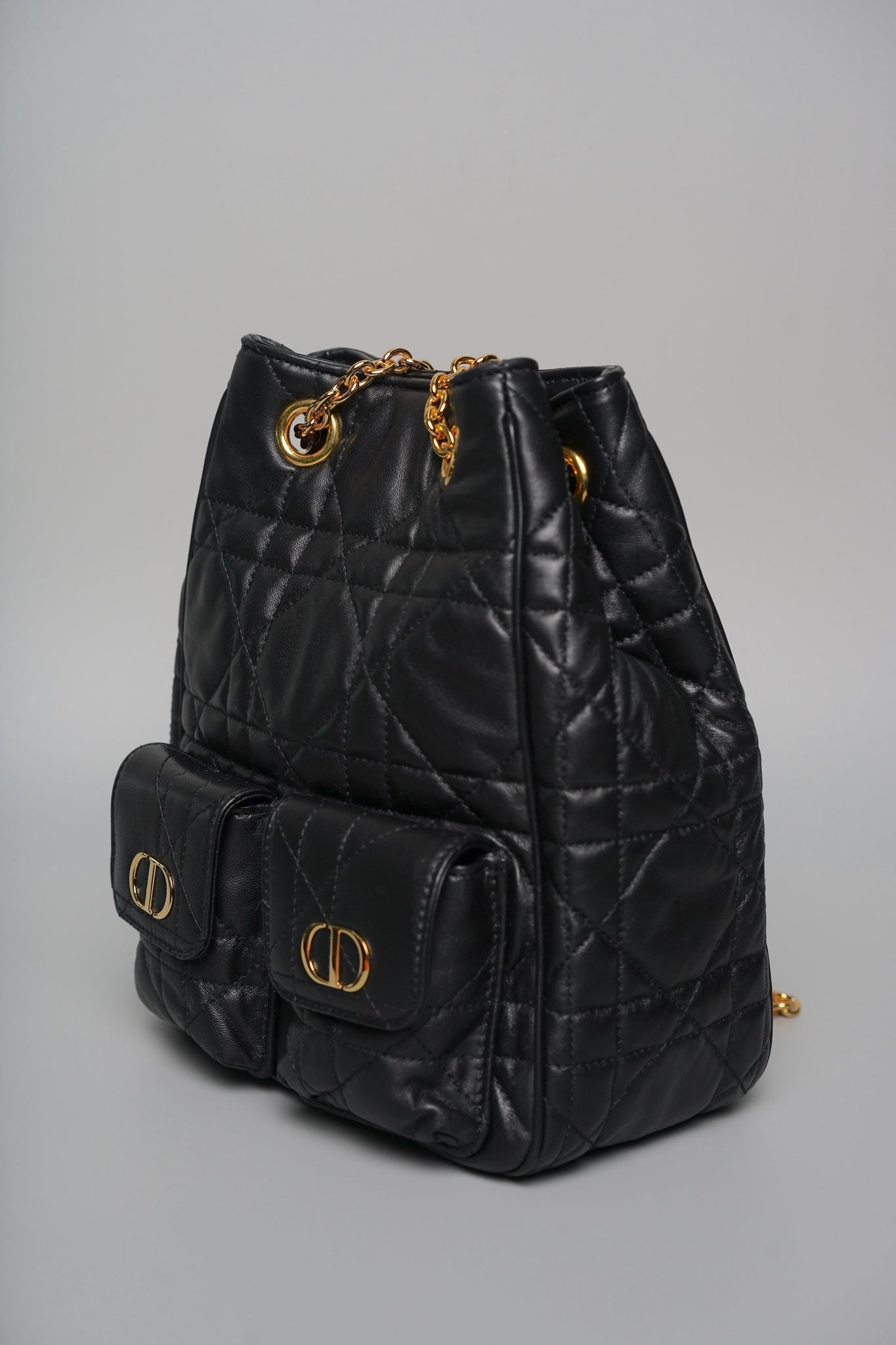 Dior Medium Caro Multicarry Backpack with Chain in Black Macrocannage Lambskin (Brand New)