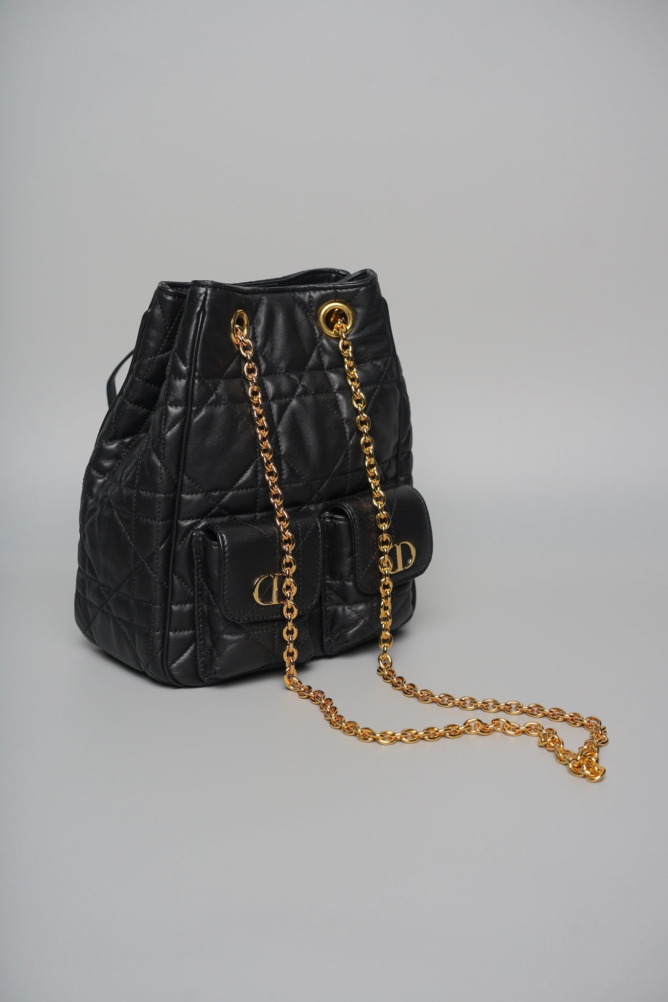 Dior Medium Caro Multicarry Backpack with Chain in Black Macrocannage Lambskin (Brand New)
