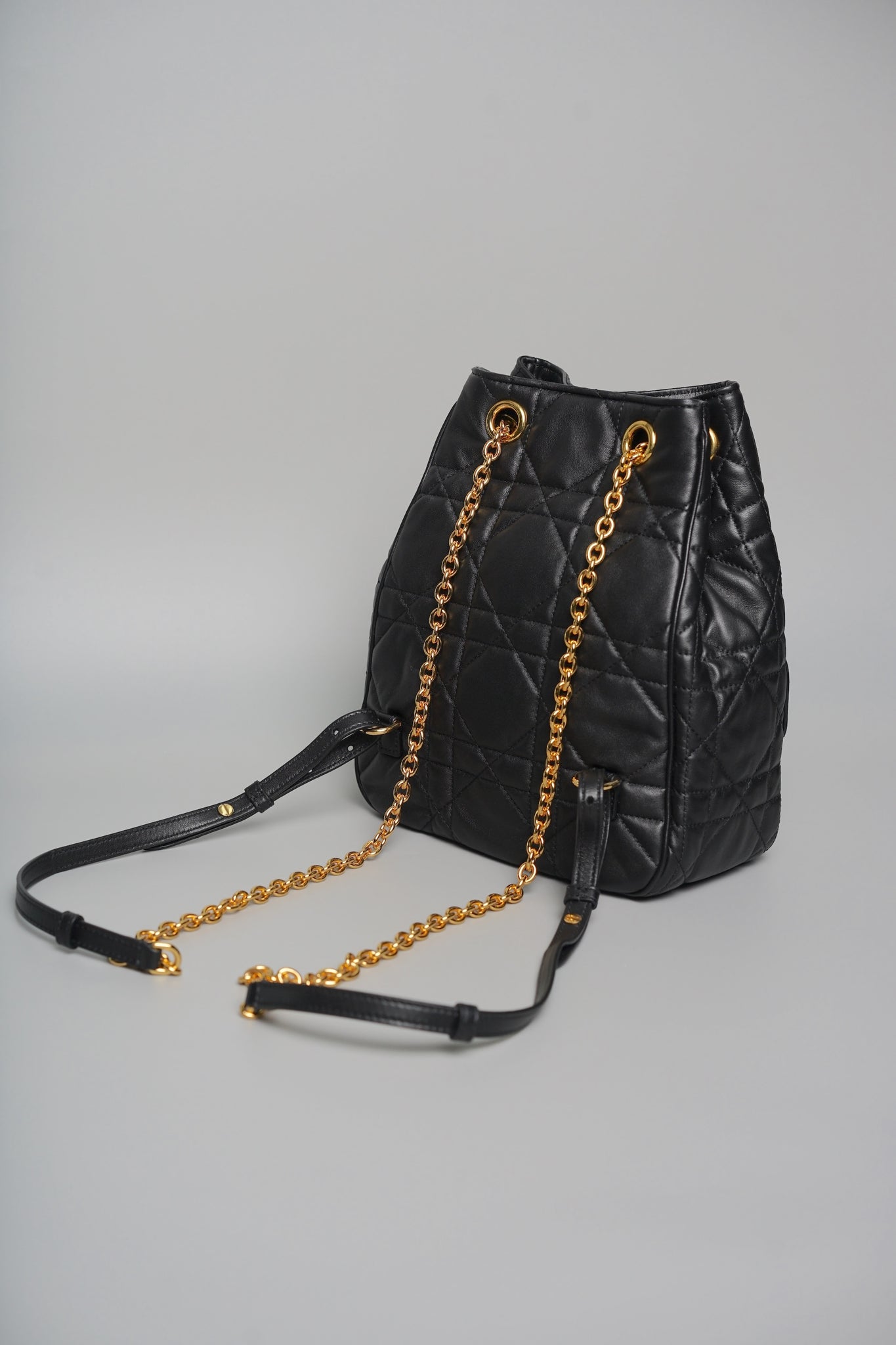 Dior Medium Caro Multicarry Backpack with Chain in Black Macrocannage Lambskin (Brand New)