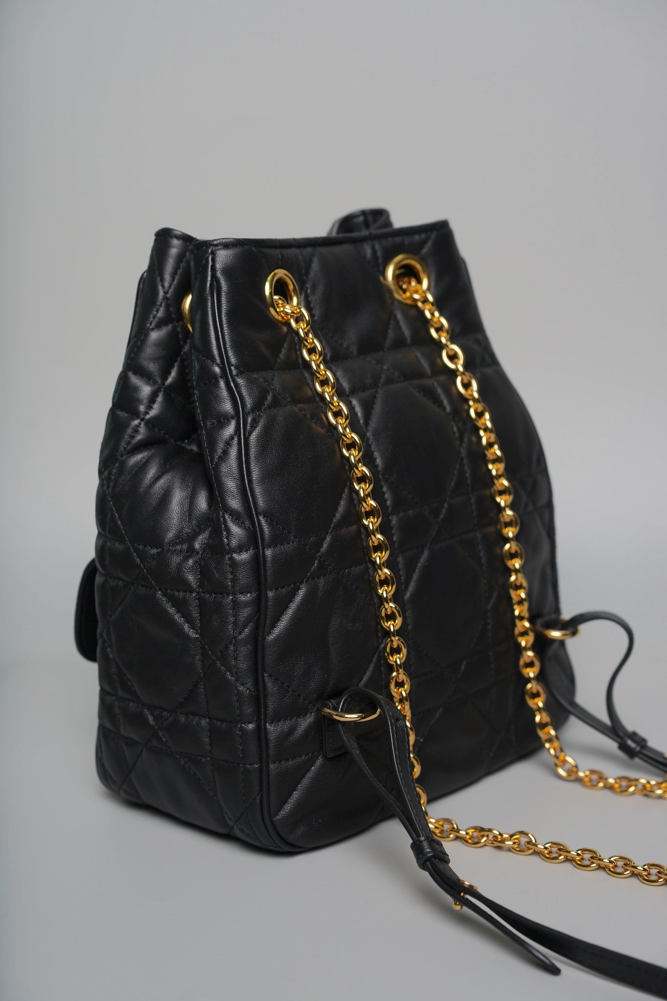 Dior Medium Caro Multicarry Backpack with Chain in Black Macrocannage Lambskin (Brand New)
