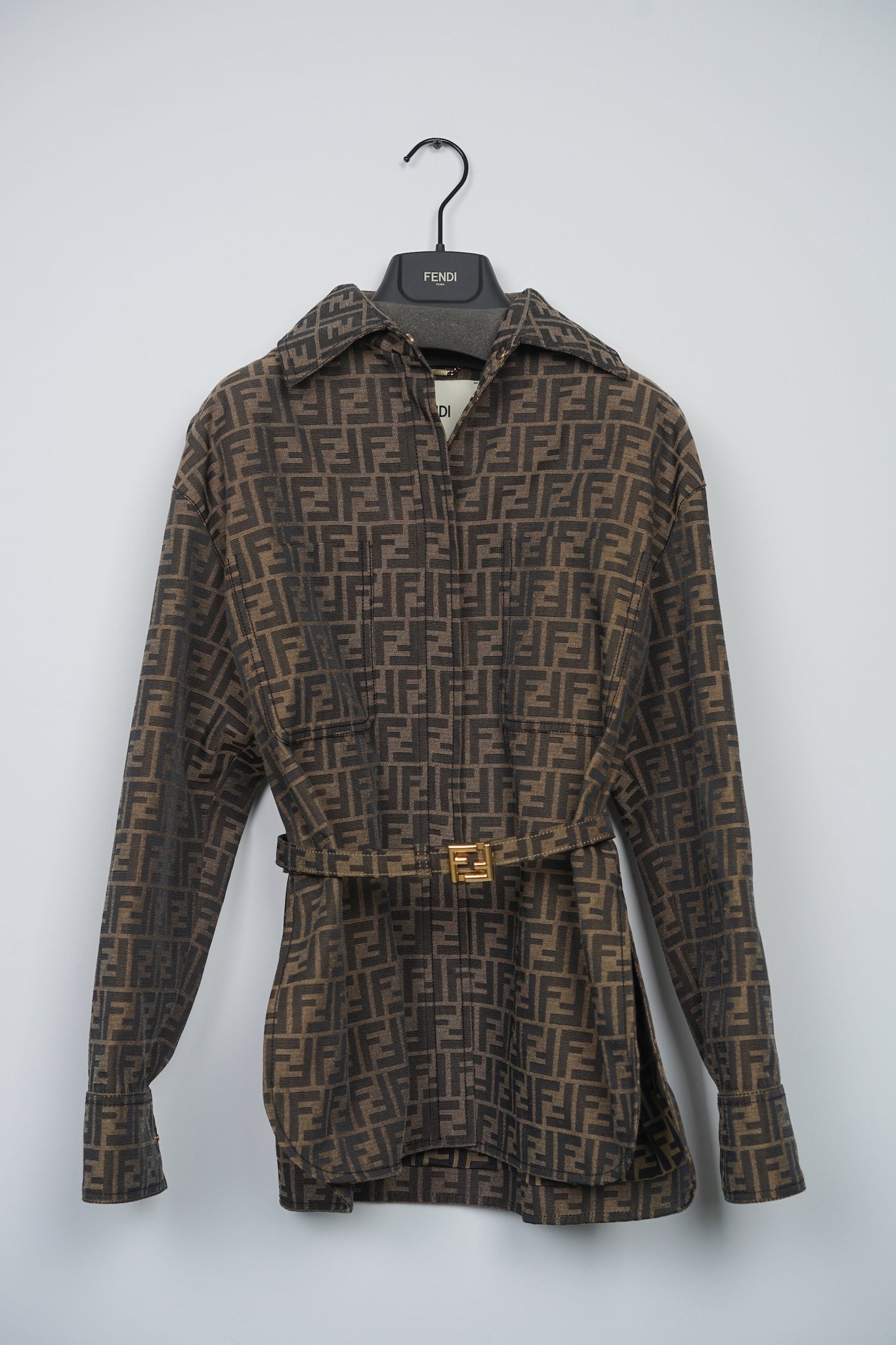 Fendi Go-To FF-Jacquard Belted Canvas Jacket in Brown Black Size 34 (Brand New)