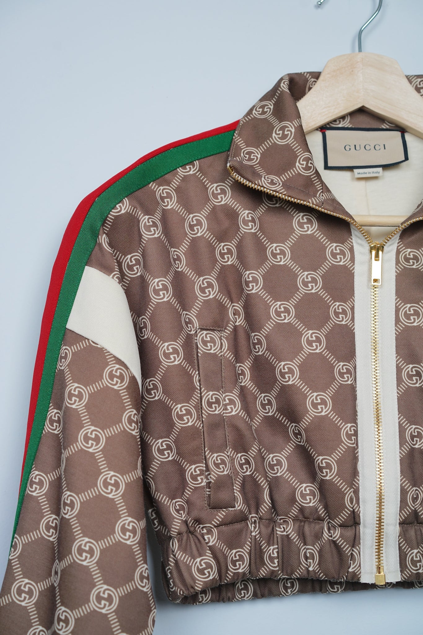 Gucci Interlocking G Zipper Jacket in Olive Green/Ivory Size XXS