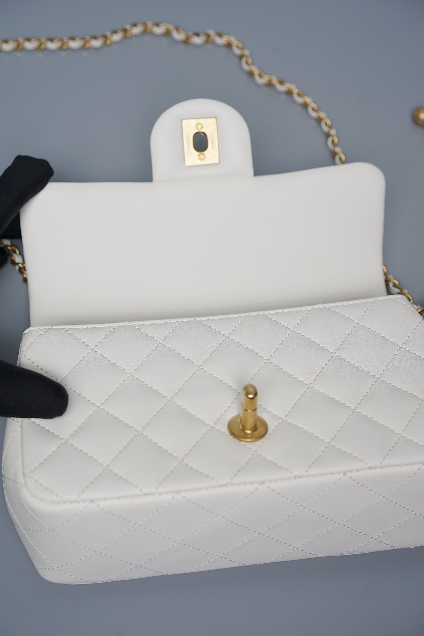 Chanel Mini Rectangular Flap in White Pearl Crush Bghw (Brand New)