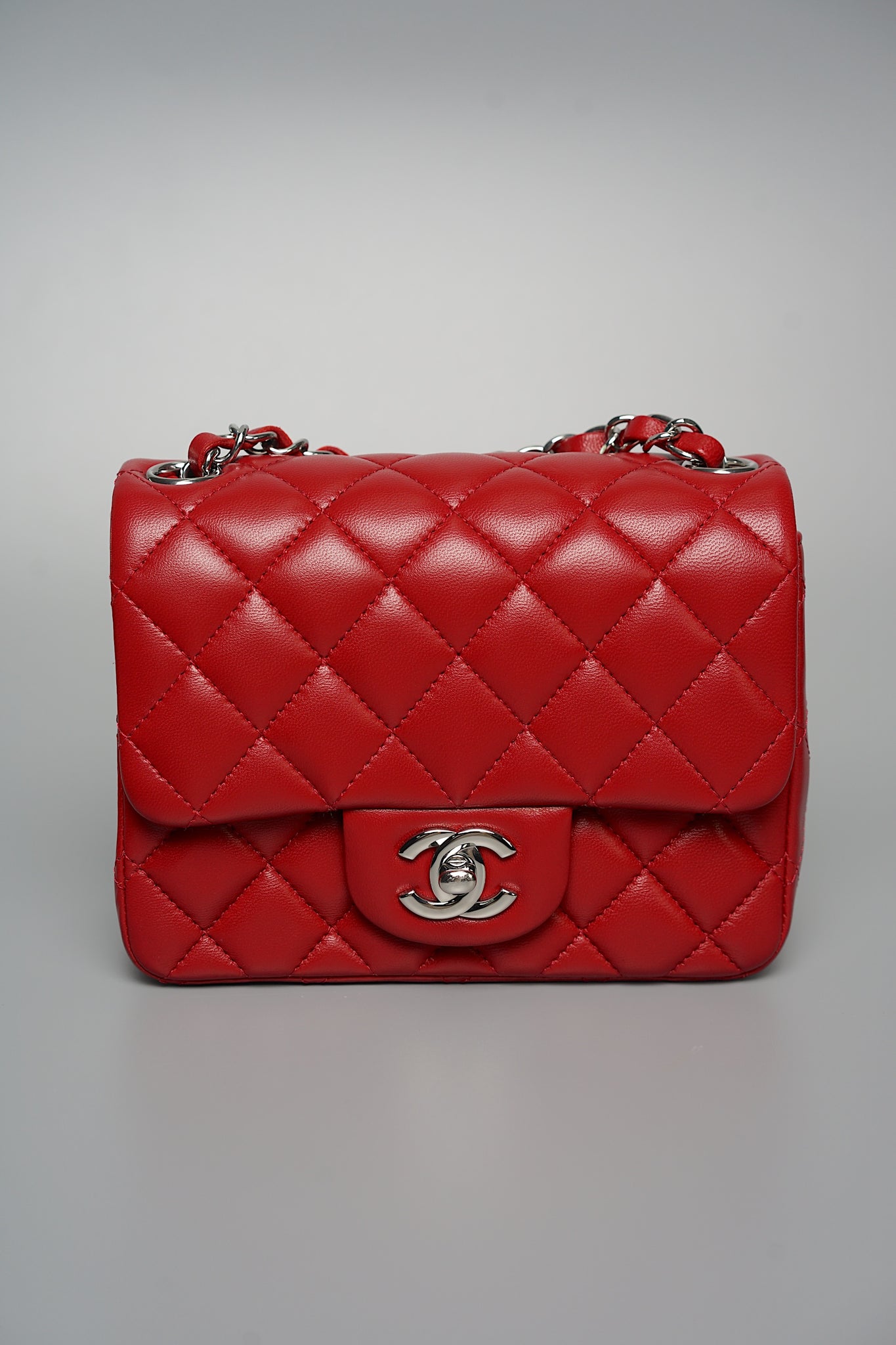 Chanel Classic Mini Square Flap in Red Lambskin Shw