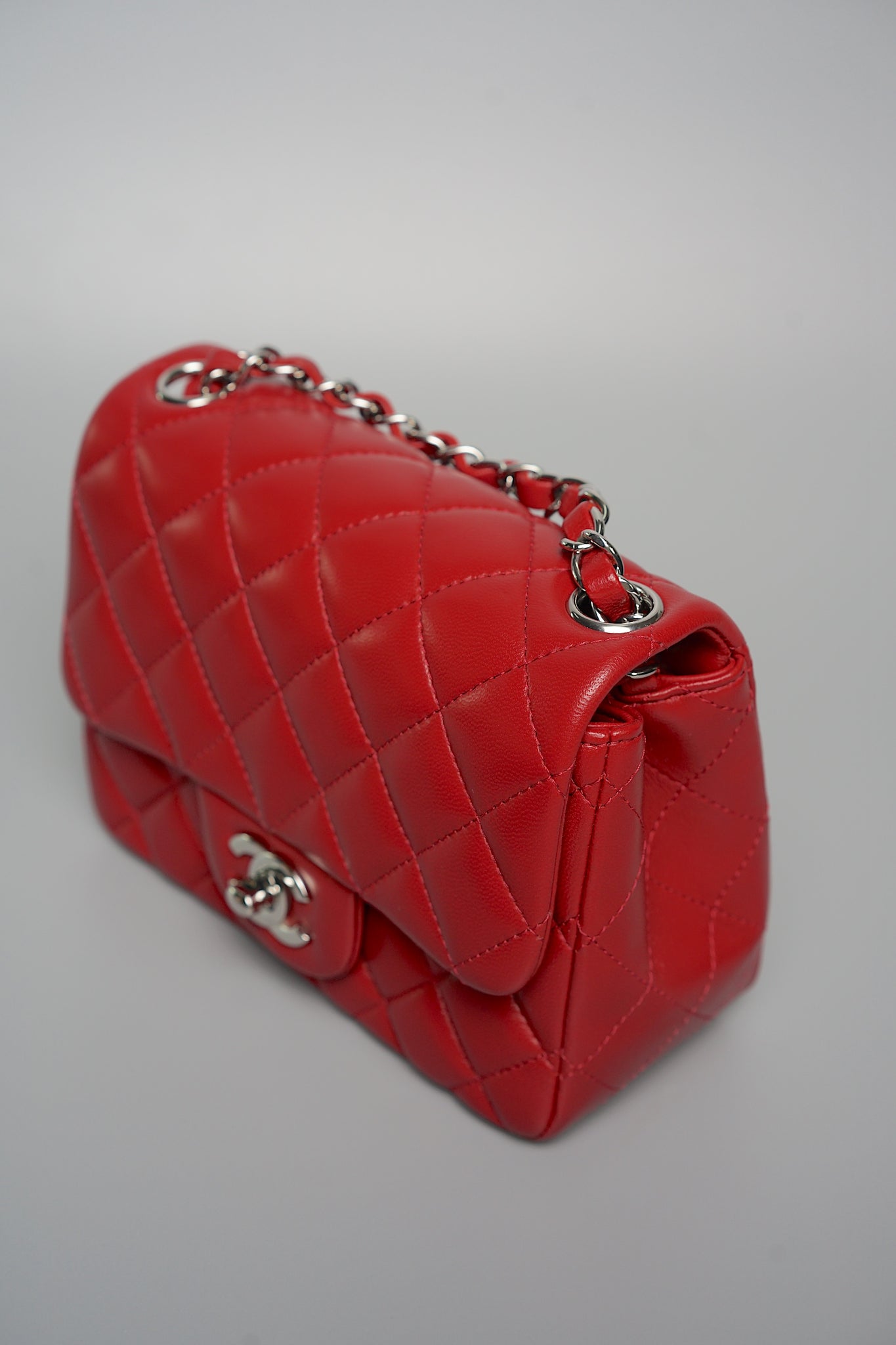 Chanel Classic Mini Square Flap in Red Lambskin Shw