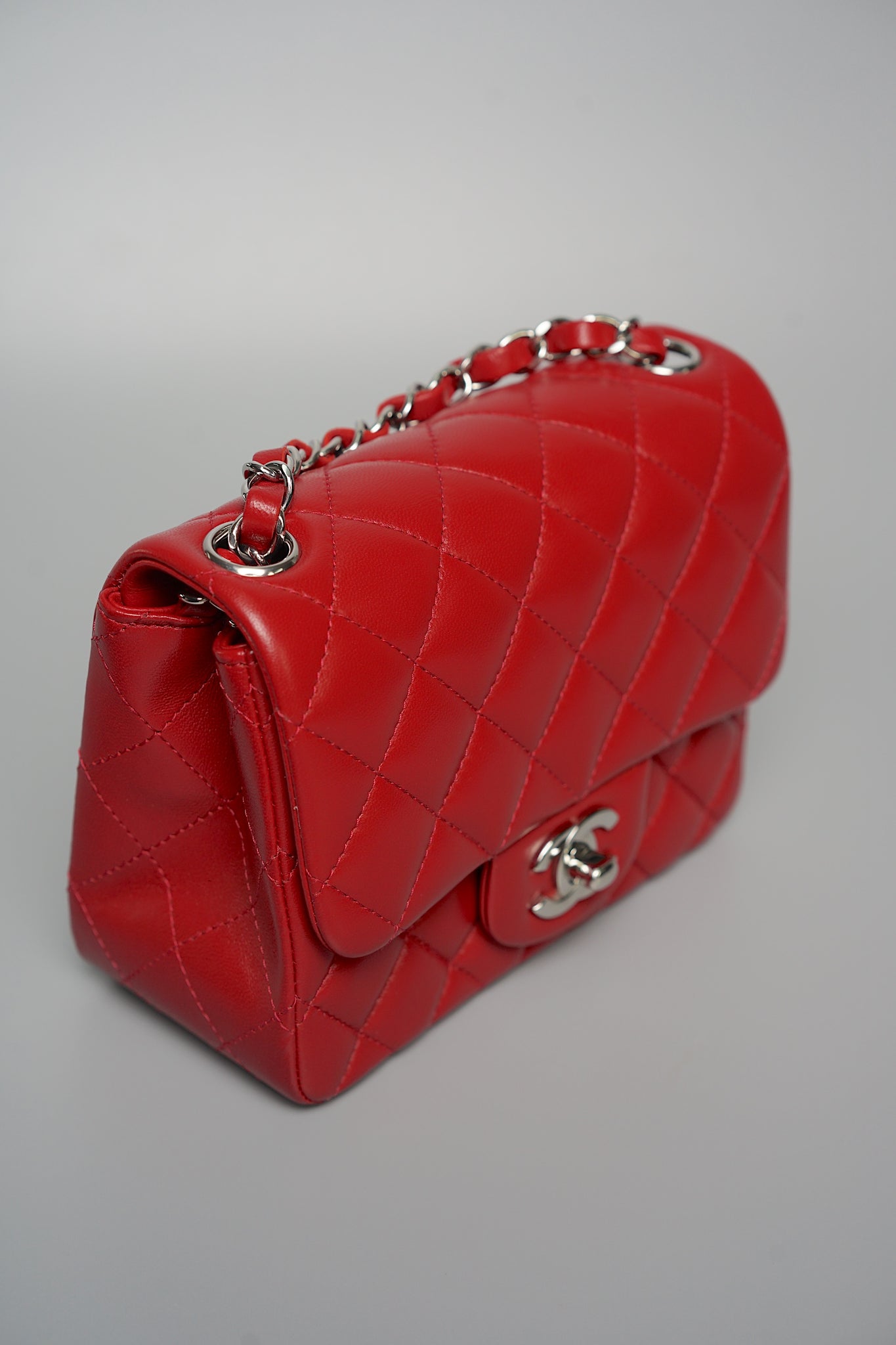 Chanel Classic Mini Square Flap in Red Lambskin Shw