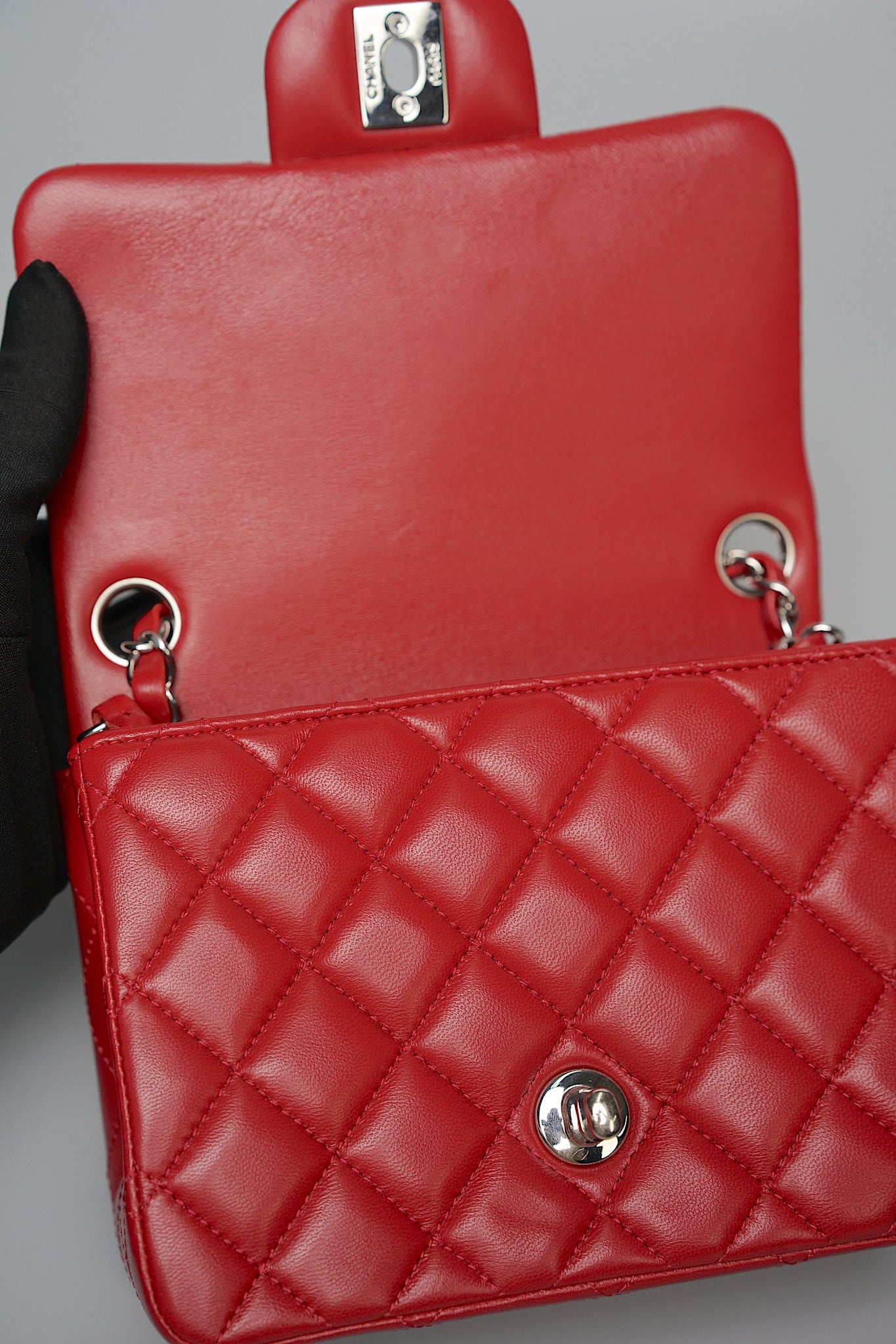 Chanel Classic Mini Square Flap in Red Lambskin Shw