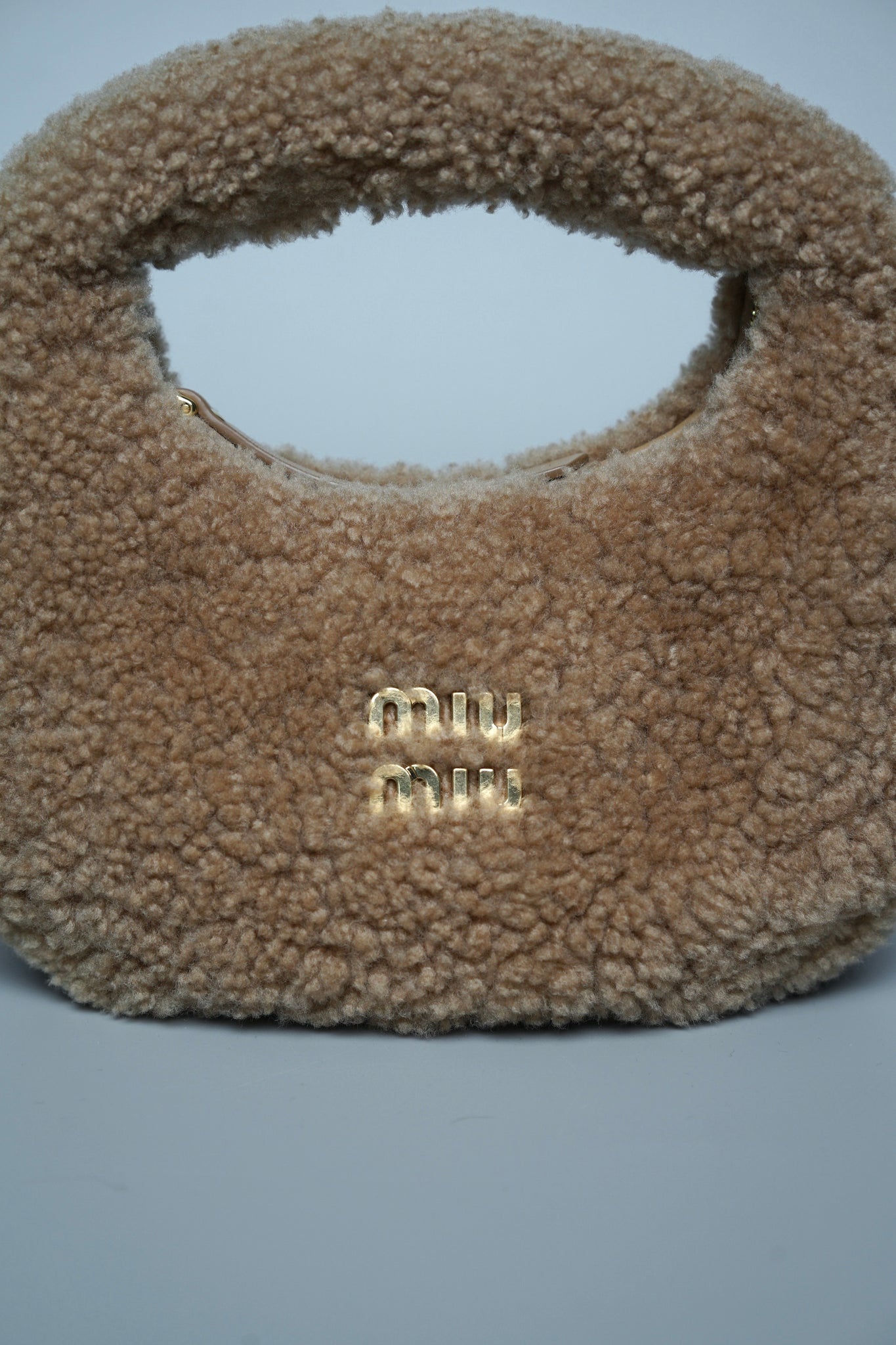 Miu Miu Wander Shearling Hobo Mini Bag in Caramel Lghw