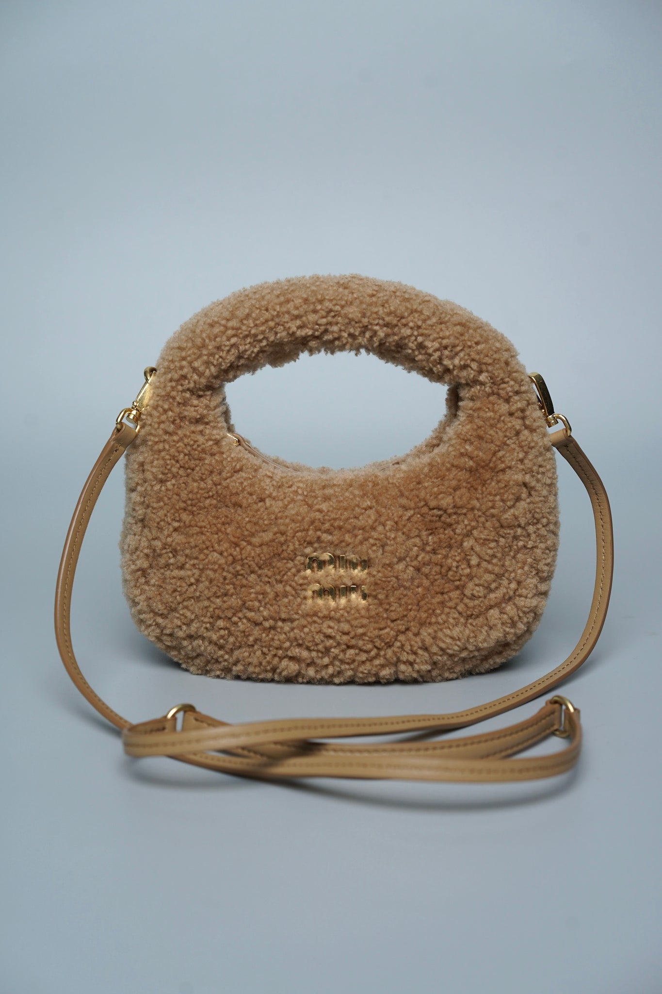 Miu Miu Wander Shearling Hobo Mini Bag in Caramel Lghw