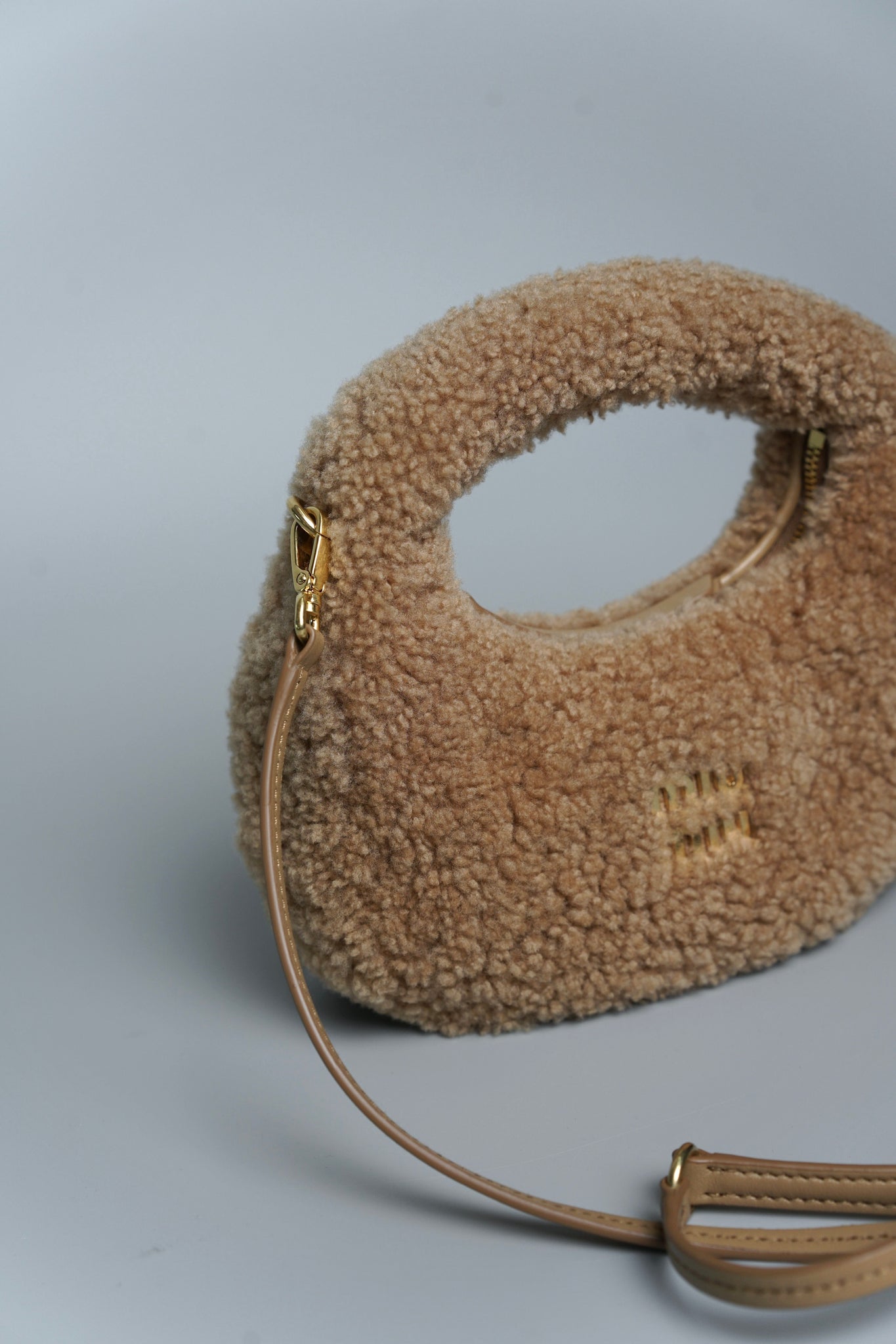 Miu Miu Wander Shearling Hobo Mini Bag in Caramel Lghw