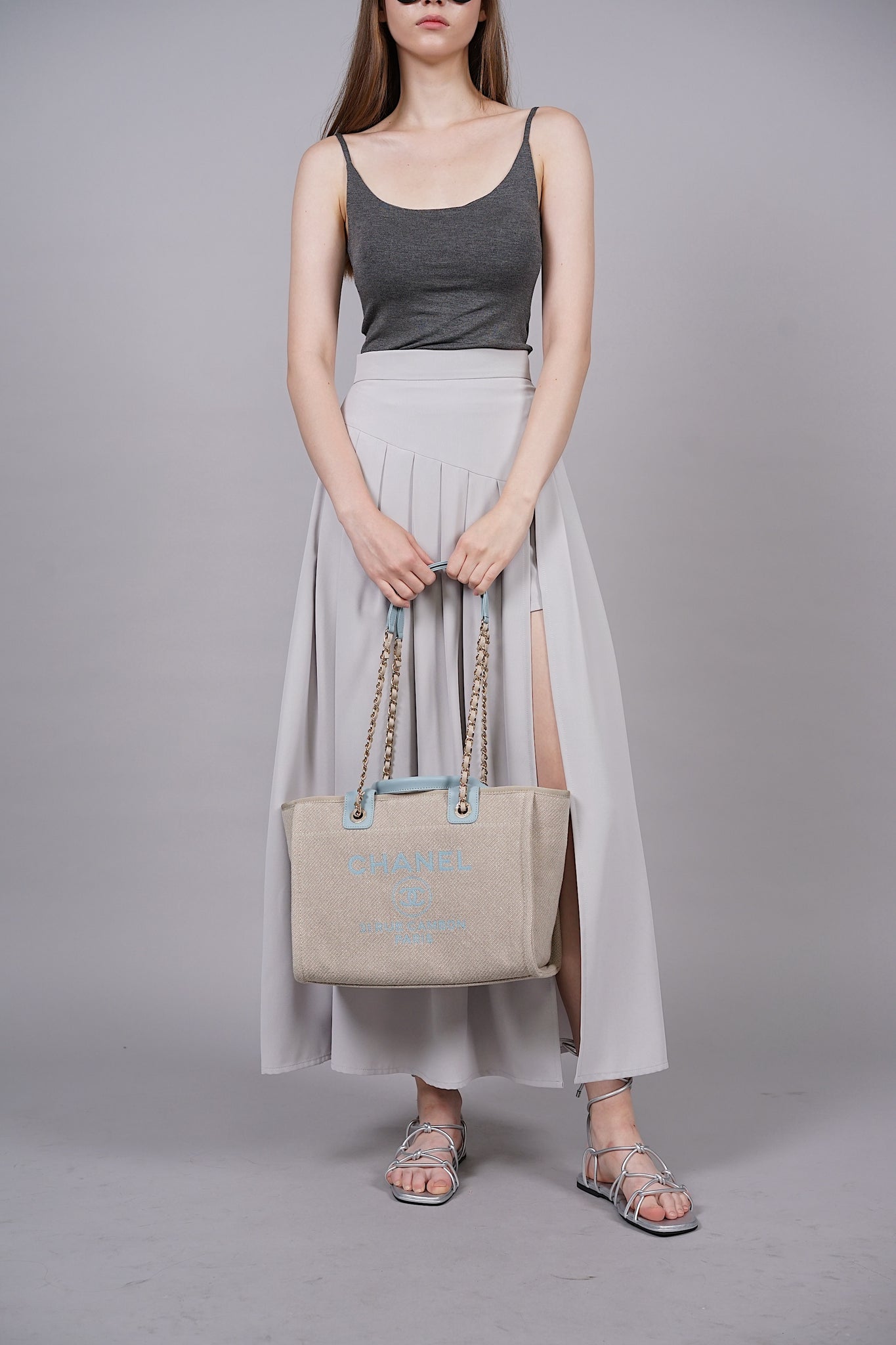 Chanel Mixed Fiber Small Deauville Tote in Beige/Baby Blue Shw (Brand New)