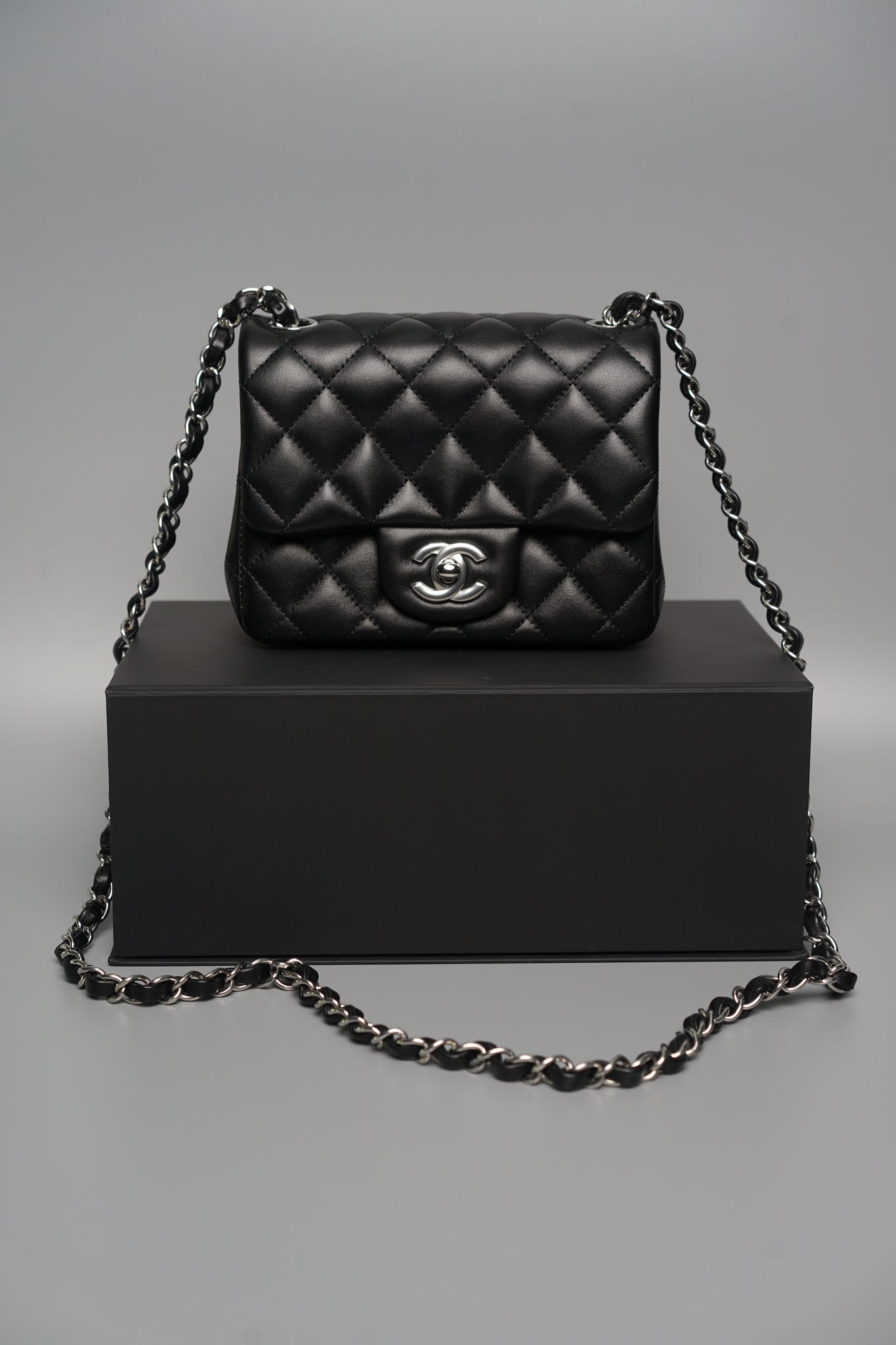 Chanel Classic Mini Square Flap in Black Lambskin Shw (Brand New)