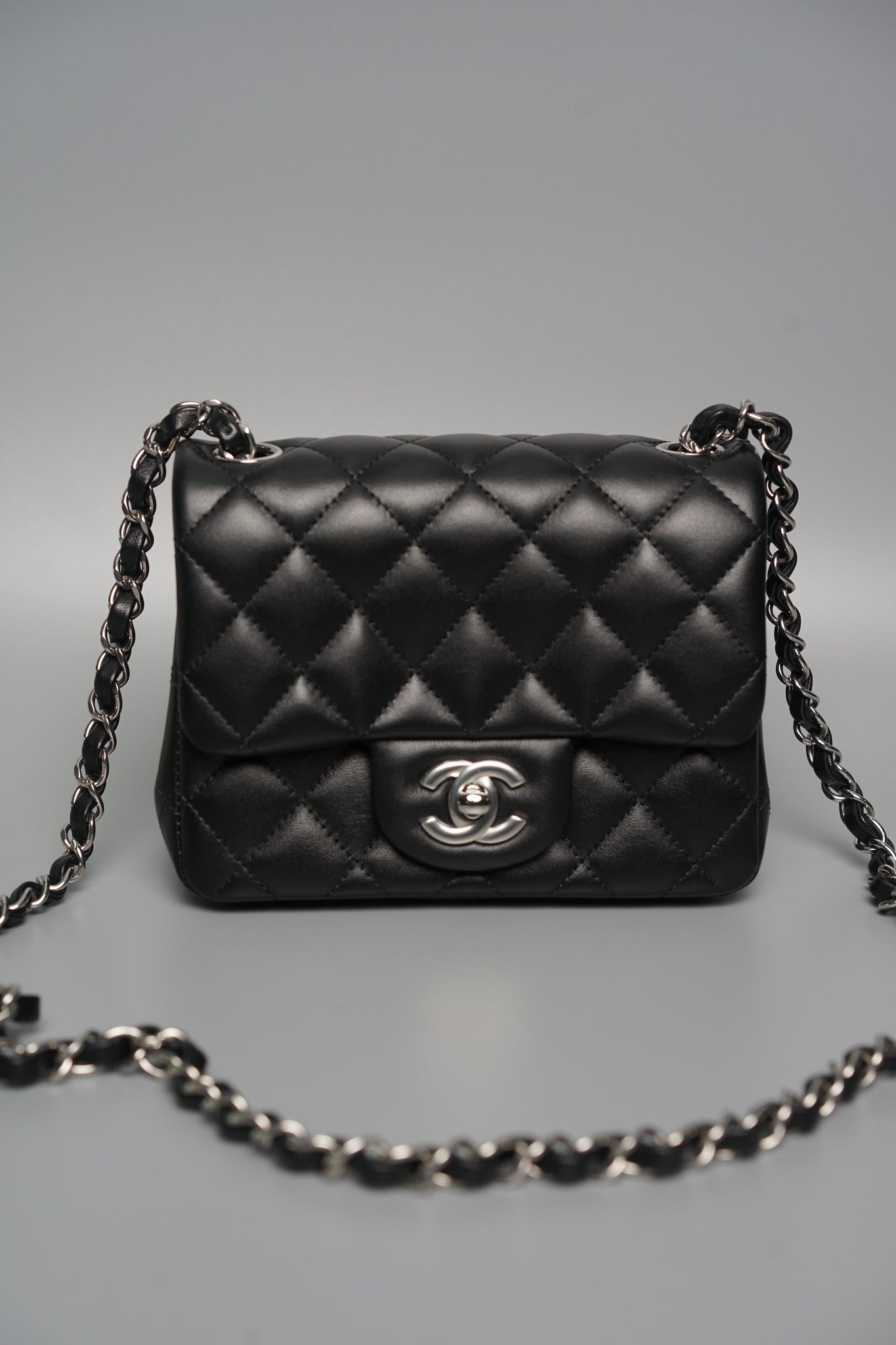 Chanel Classic Mini Square Flap in Black Lambskin Shw (Brand New)