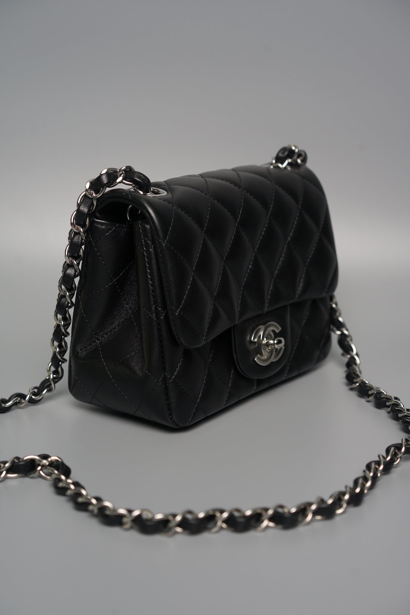 Chanel Classic Mini Square Flap in Black Lambskin Shw (Brand New)