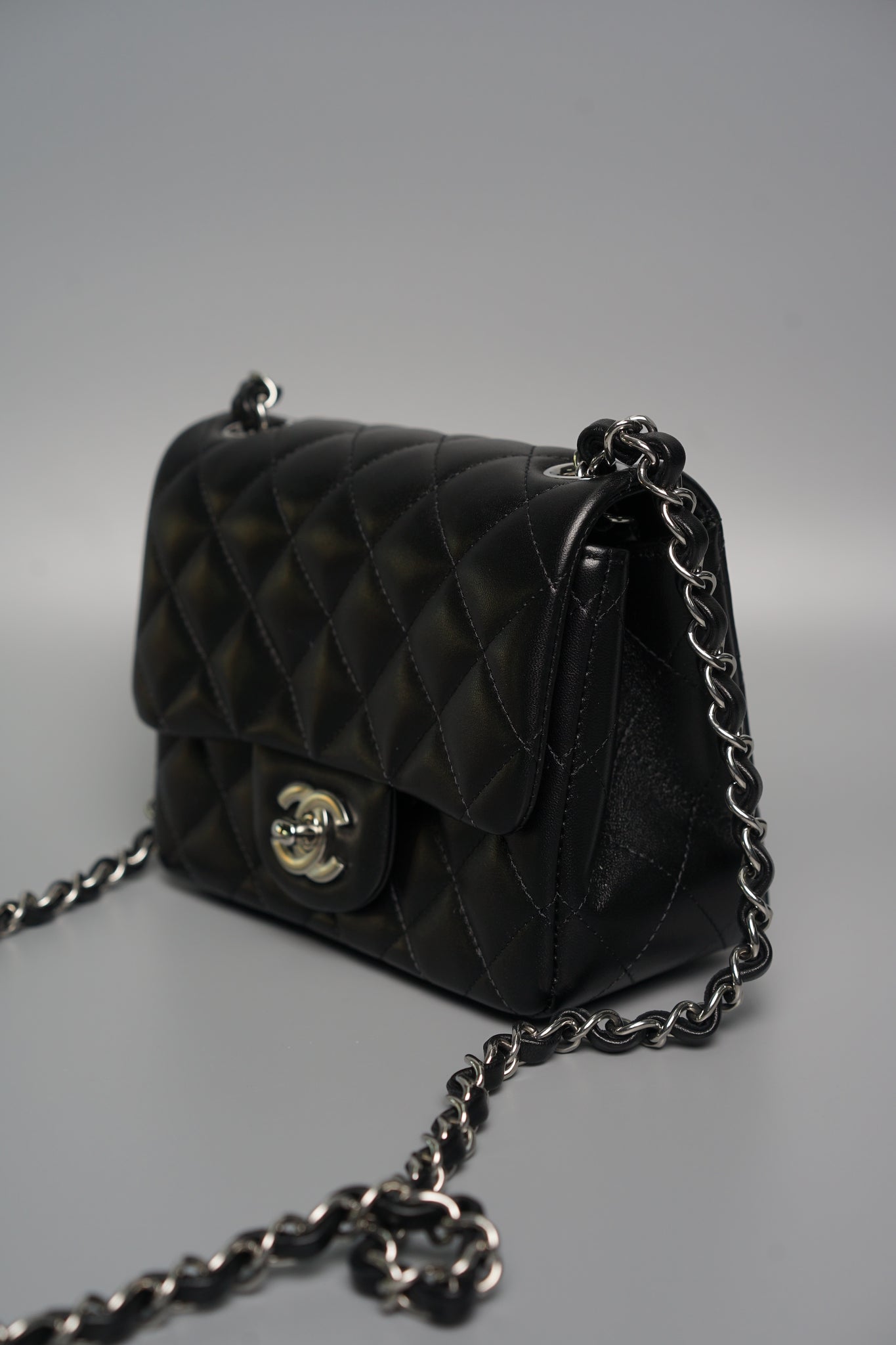 Chanel Classic Mini Square Flap in Black Lambskin Shw (Brand New)