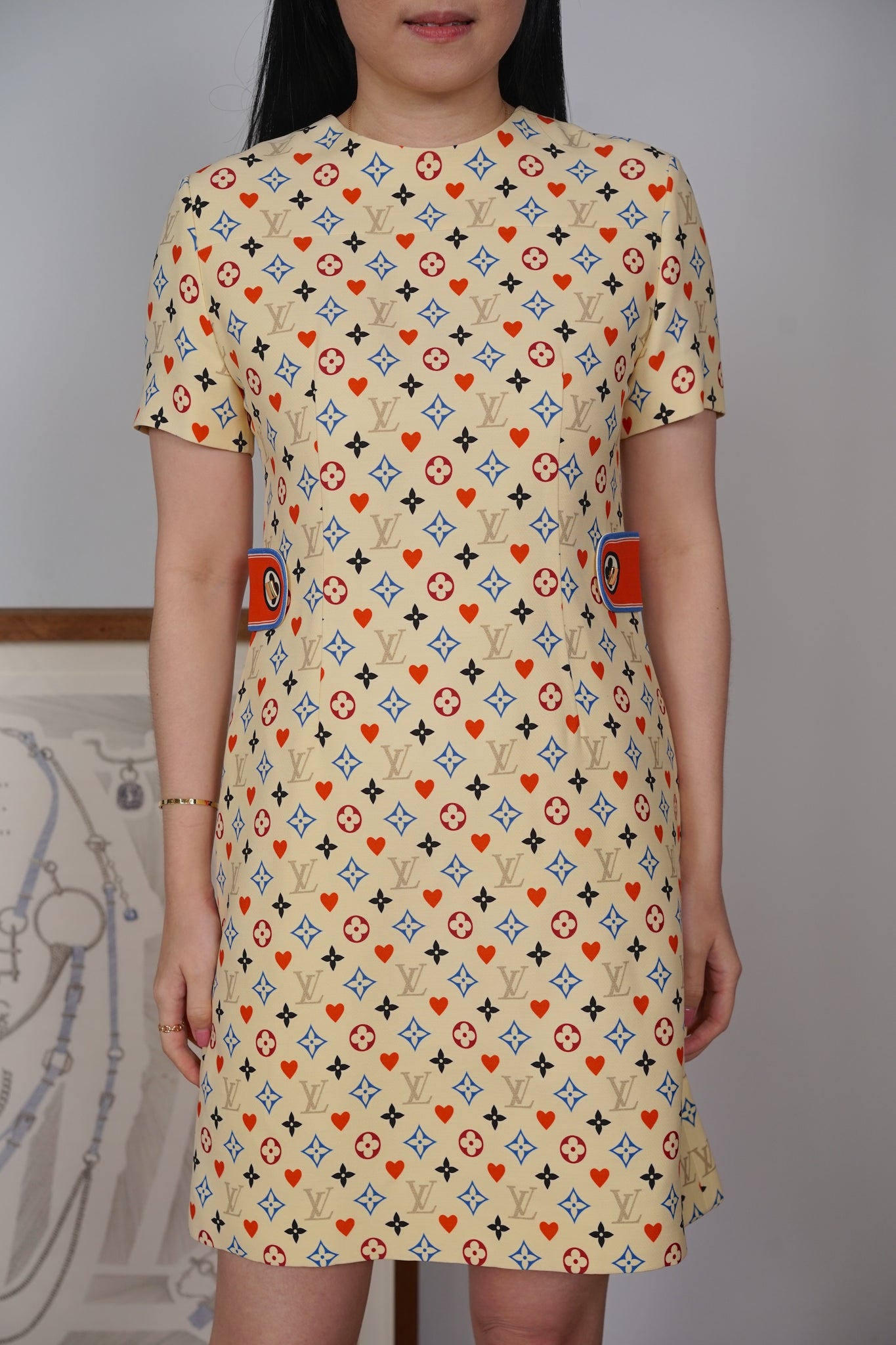 Louis Vuitton Game On Contrast Martingale Straight Cut Dress in Cream Size 38 (Brand New)
