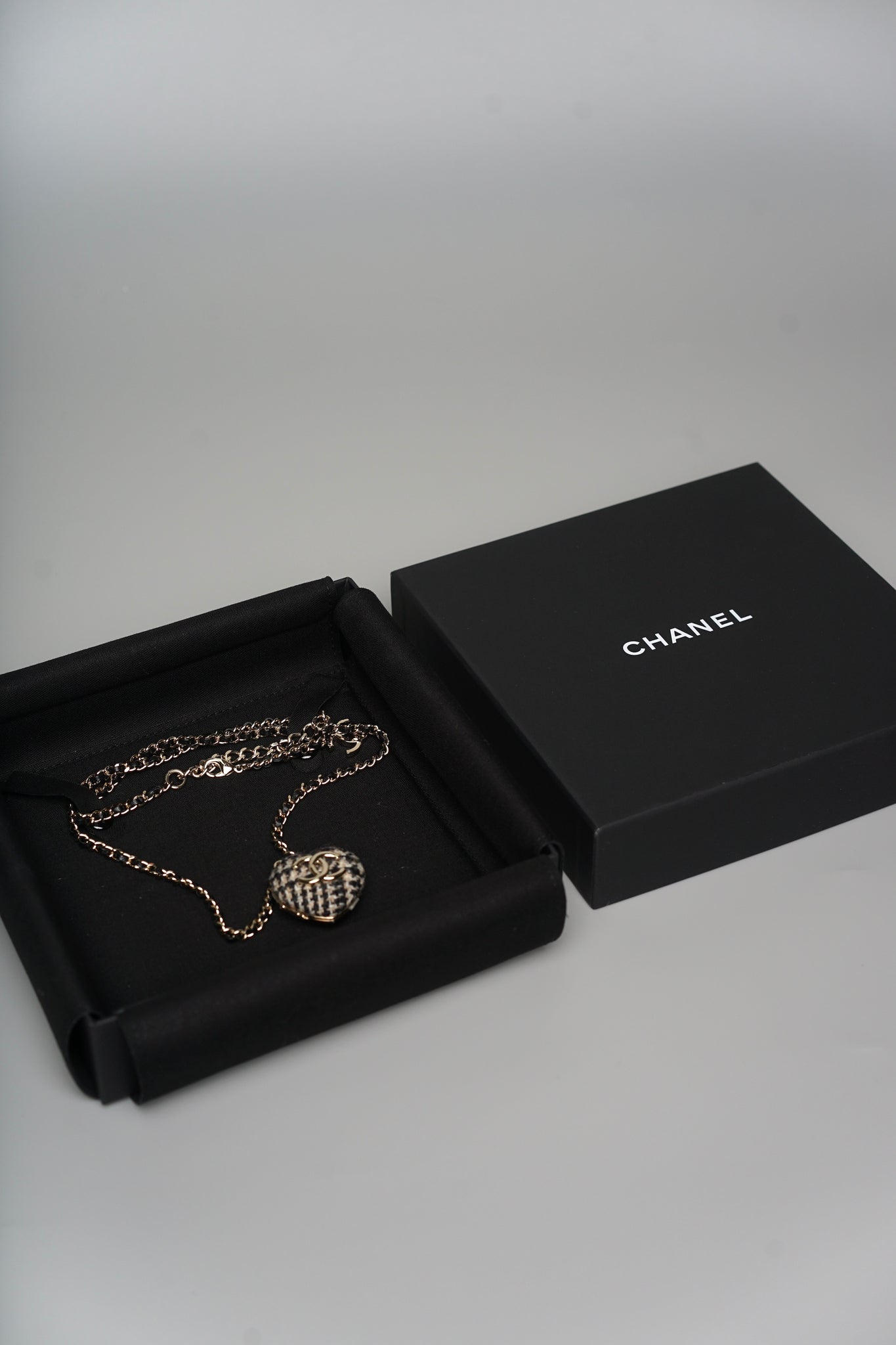 Chanel Tweed Heart Locket Necklace in Black and Beige
