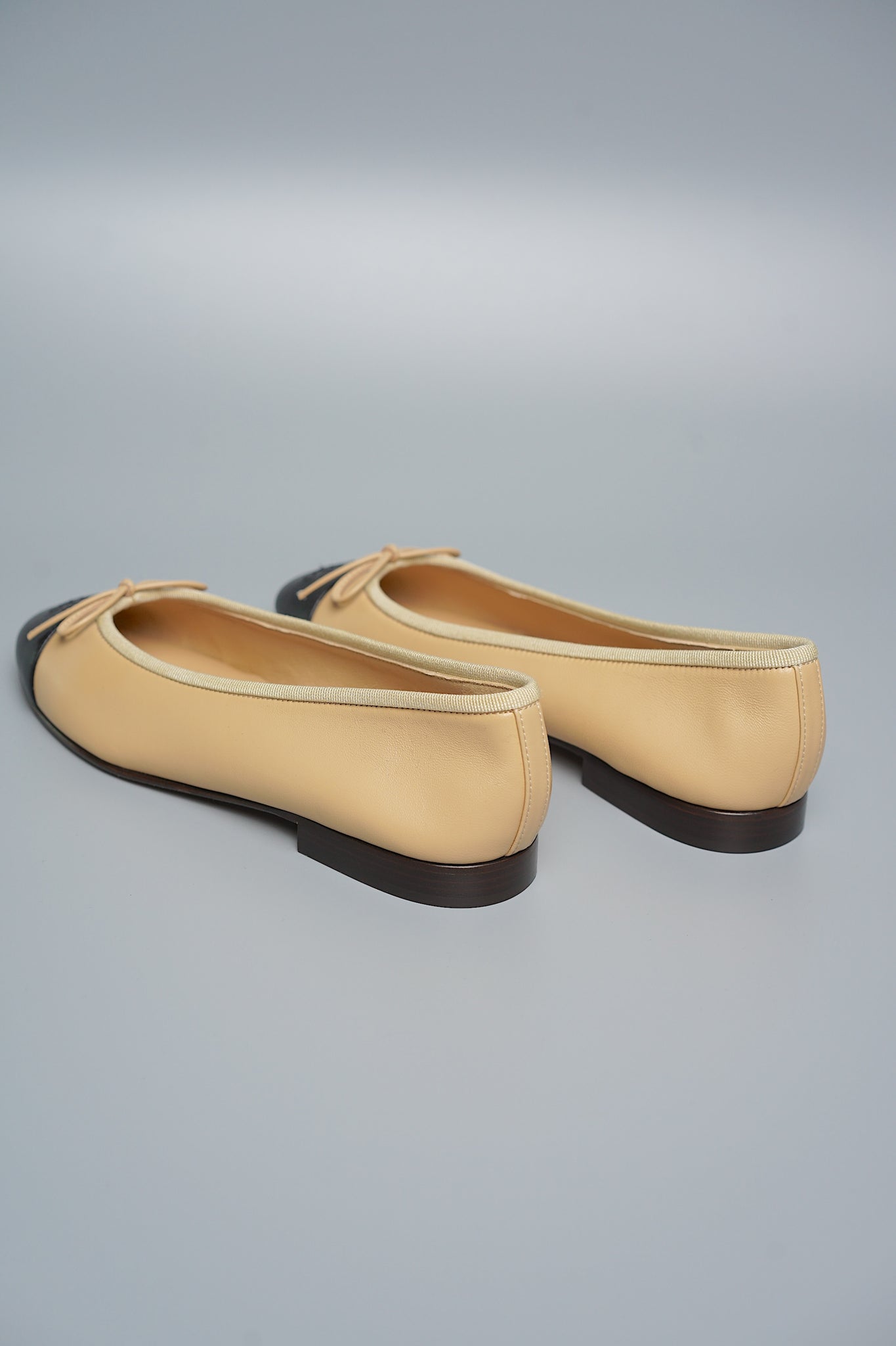 Chanel Classic Ballerina Pumps in Beige Black Lambskin Size 36C