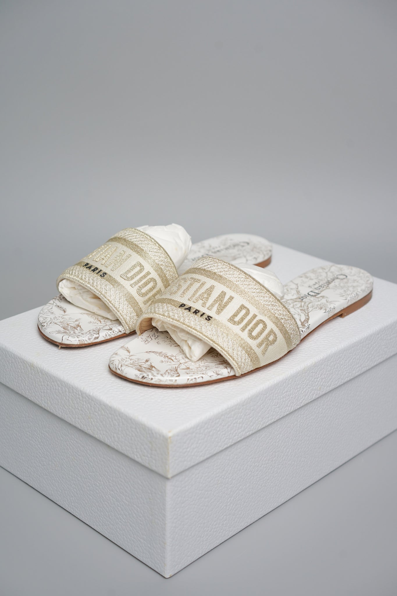 Dior Dway Slide Chardons Motif in White Gold Size 38.5