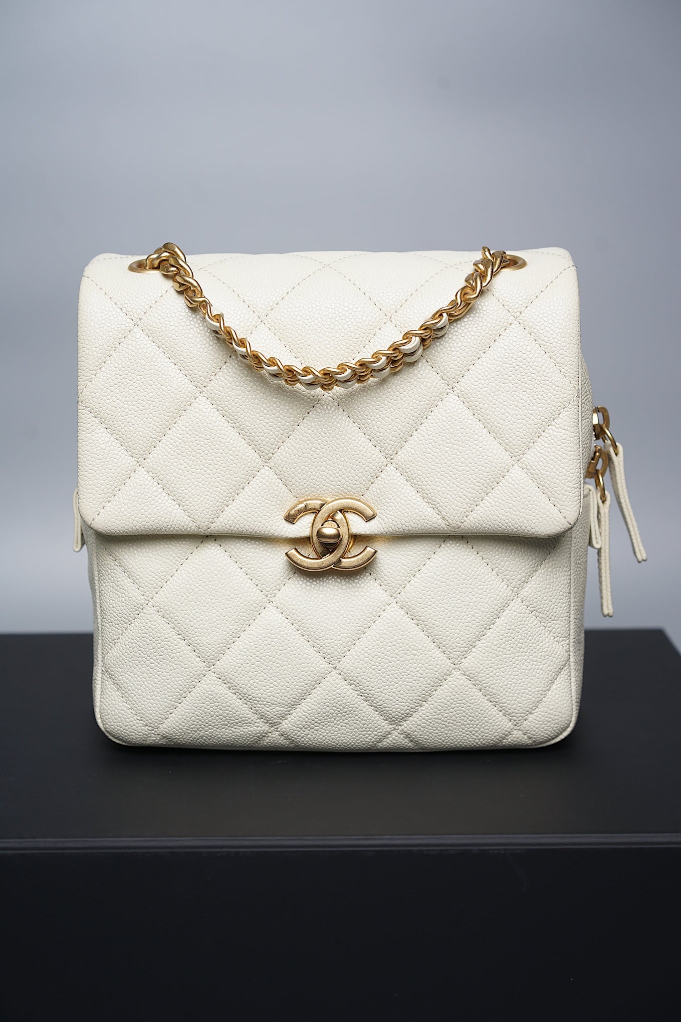Chanel Chain Melody Backpack in White Caviar Bghw