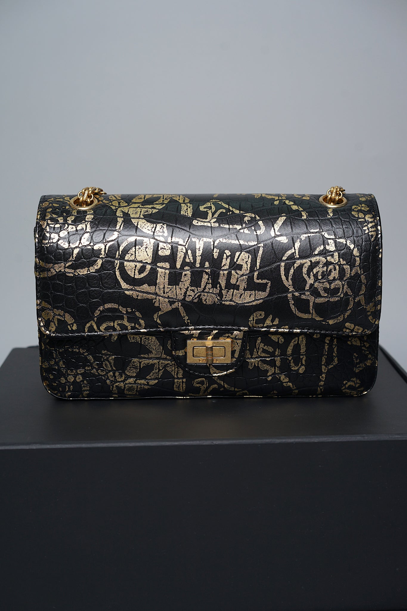 Chanel 2.55 Mini Reissue Crocodile Embossed Graffiti in Black Gold Bghw
