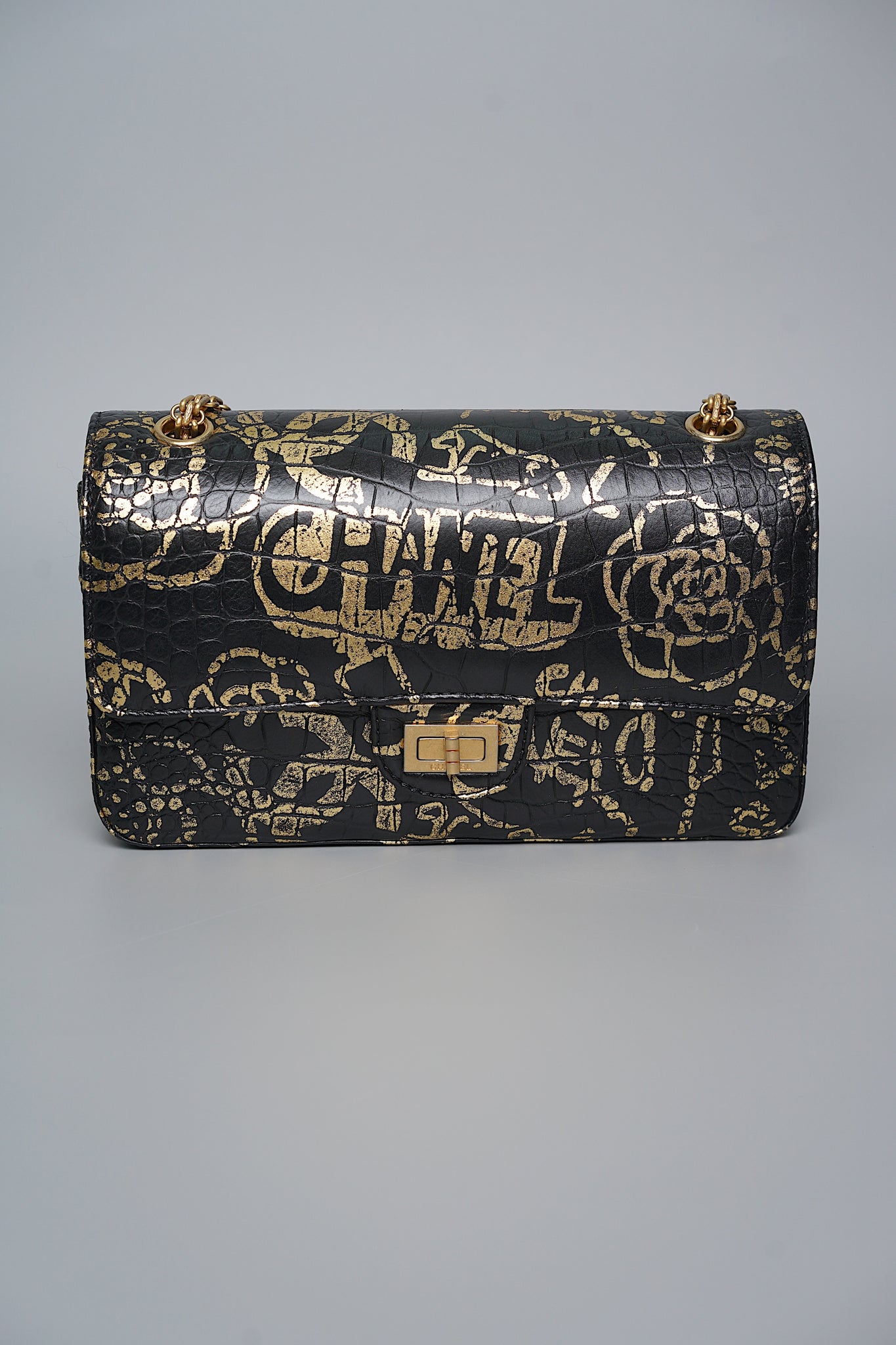 Chanel 2.55 Mini Reissue Crocodile Embossed Graffiti in Black Gold Bghw