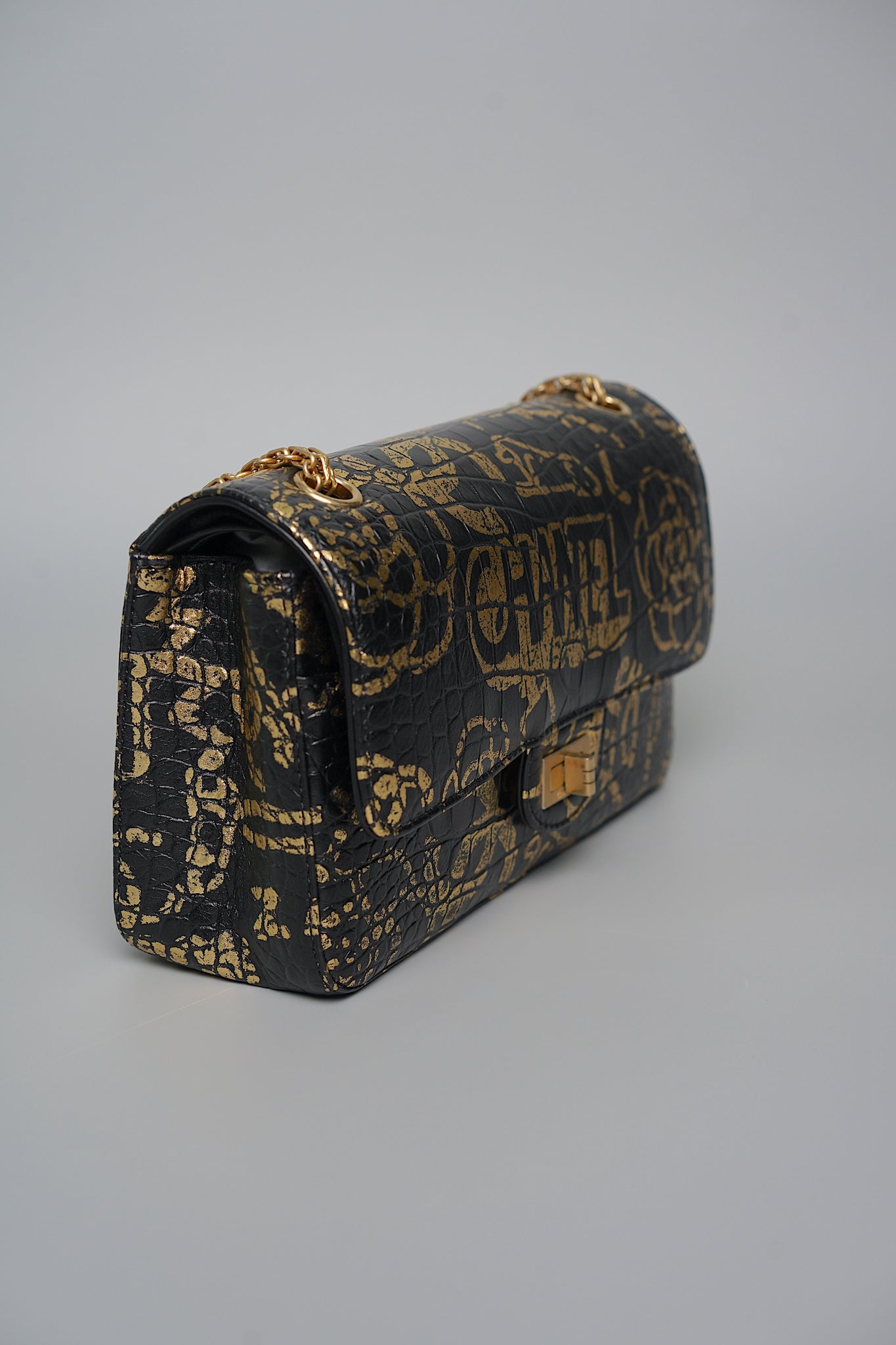 Chanel 2.55 Mini Reissue Crocodile Embossed Graffiti in Black Gold Bghw