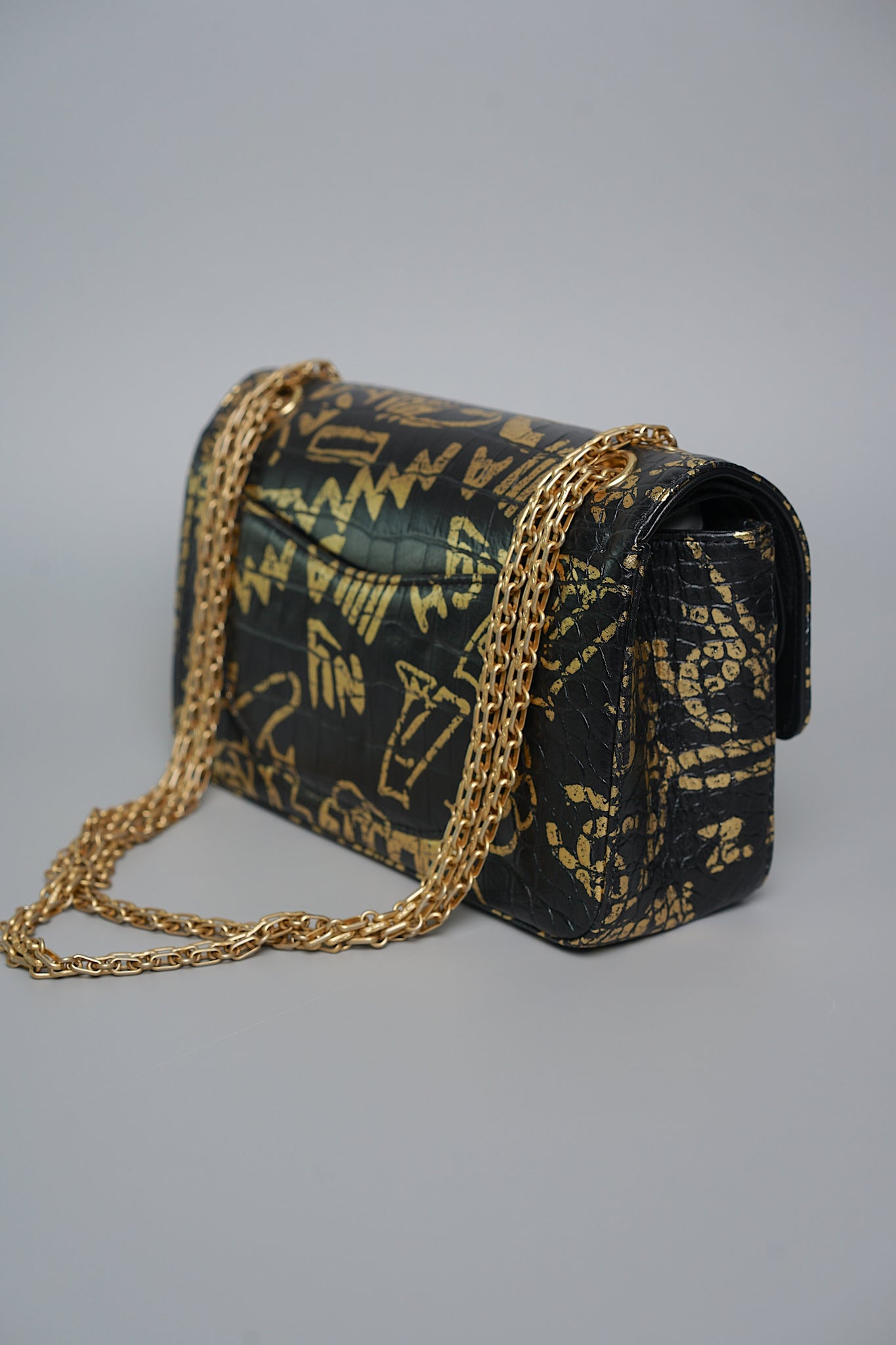 Chanel 2.55 Mini Reissue Crocodile Embossed Graffiti in Black Gold Bghw
