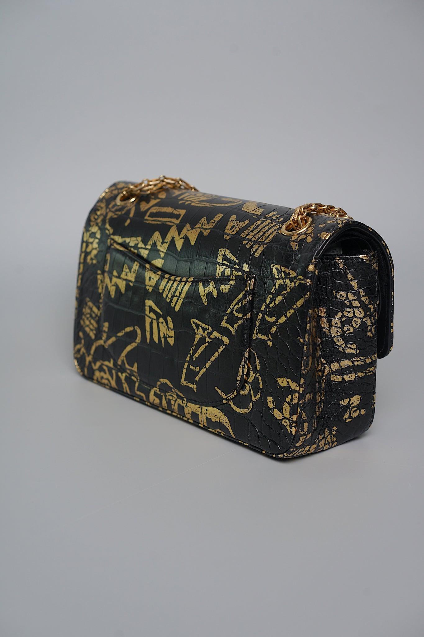 Chanel 2.55 Mini Reissue Crocodile Embossed Graffiti in Black Gold Bghw