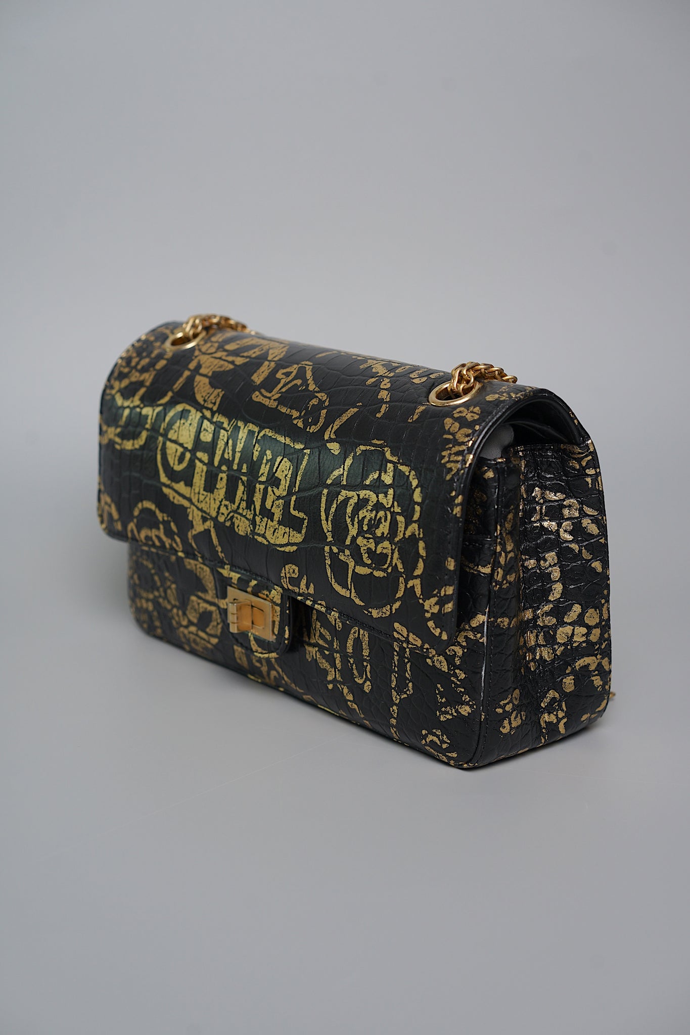 Chanel 2.55 Mini Reissue Crocodile Embossed Graffiti in Black Gold Bghw