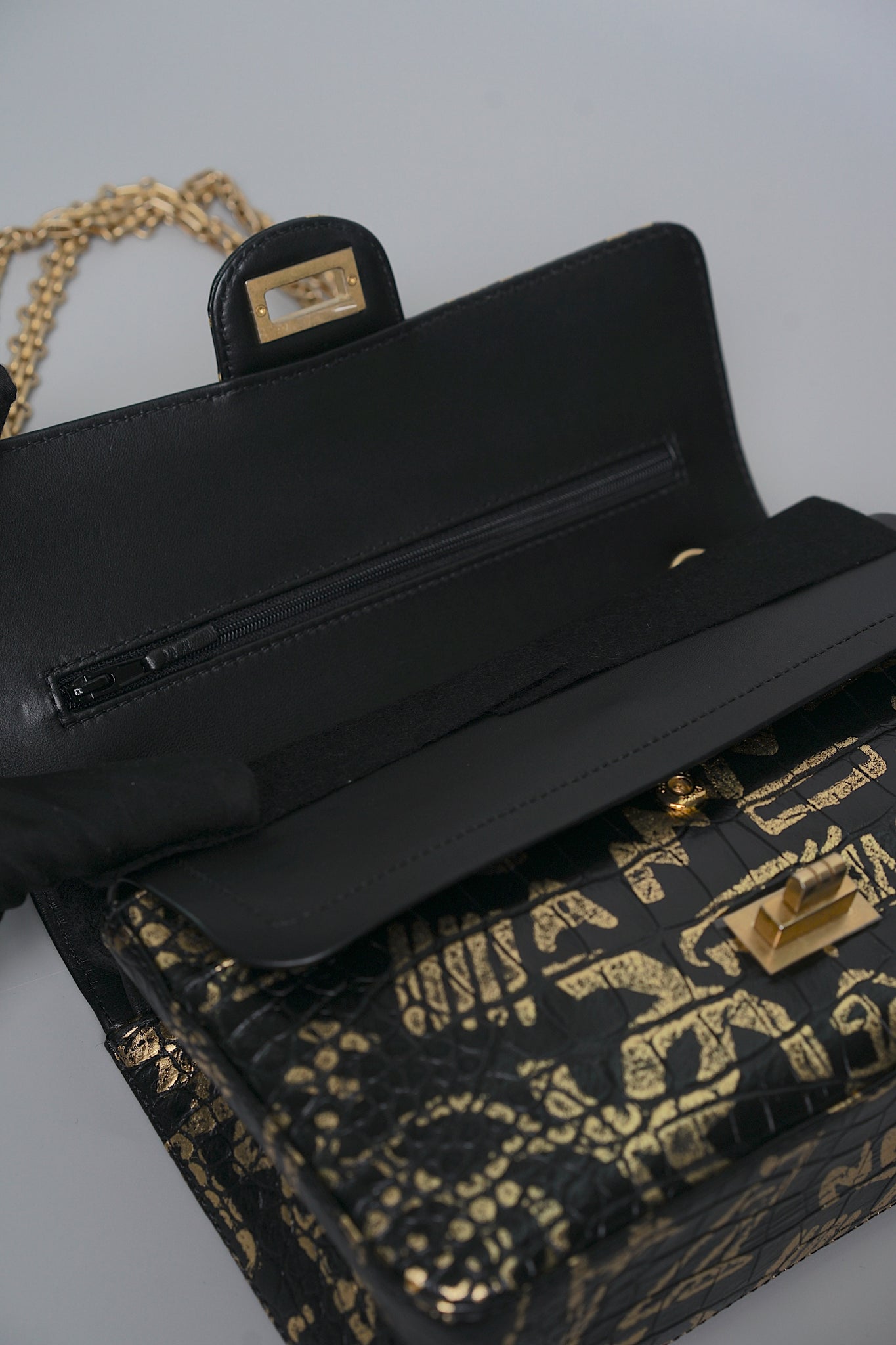 Chanel 2.55 Mini Reissue Crocodile Embossed Graffiti in Black Gold Bghw