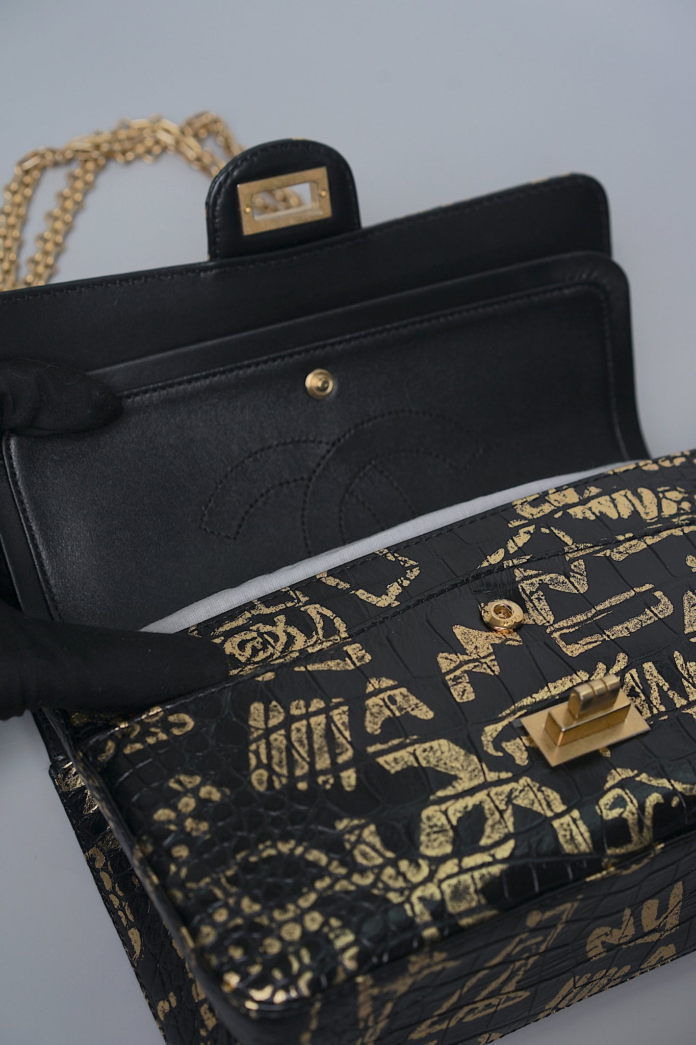 Chanel 2.55 Mini Reissue Crocodile Embossed Graffiti in Black Gold Bghw
