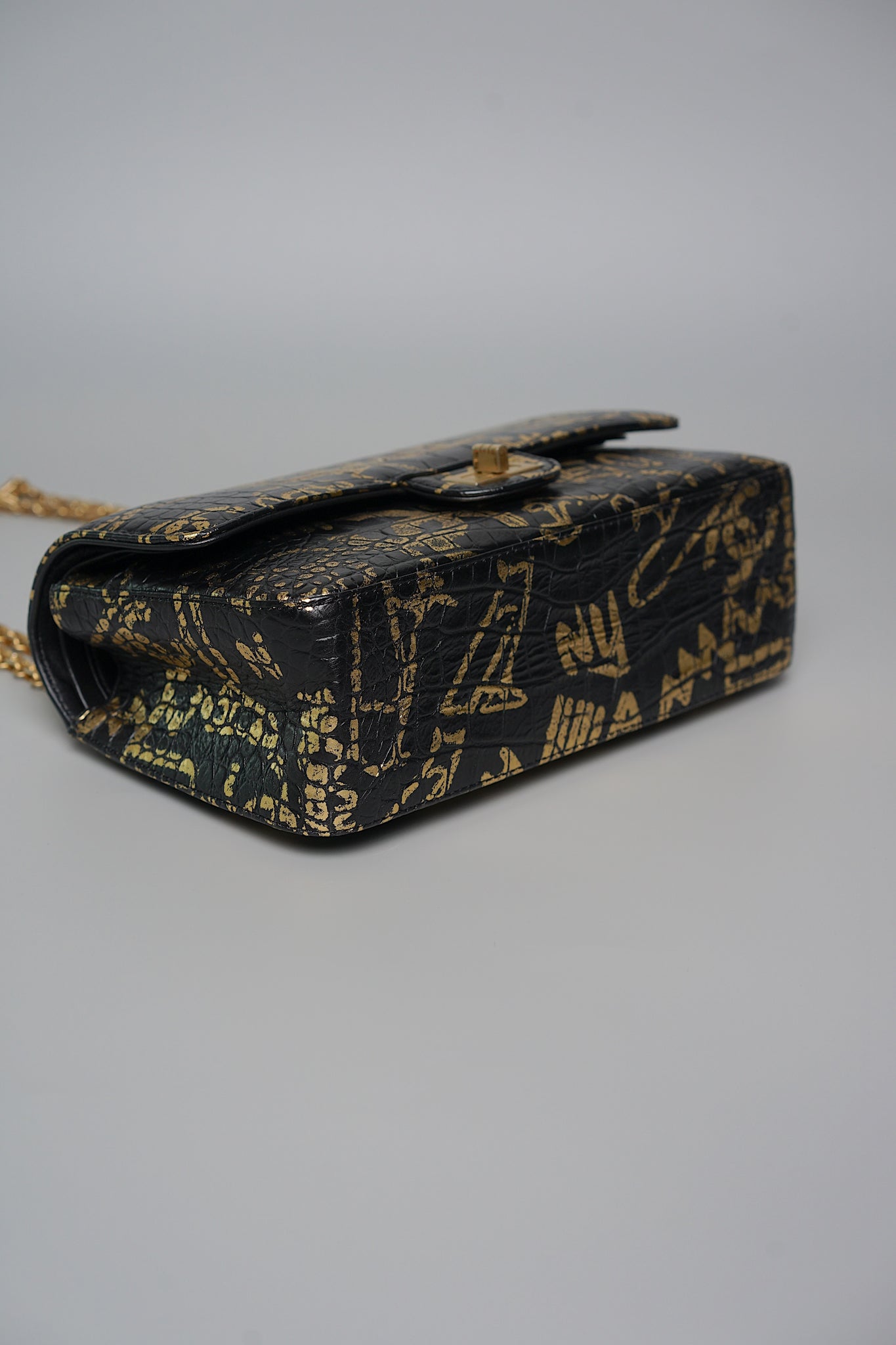 Chanel 2.55 Mini Reissue Crocodile Embossed Graffiti in Black Gold Bghw