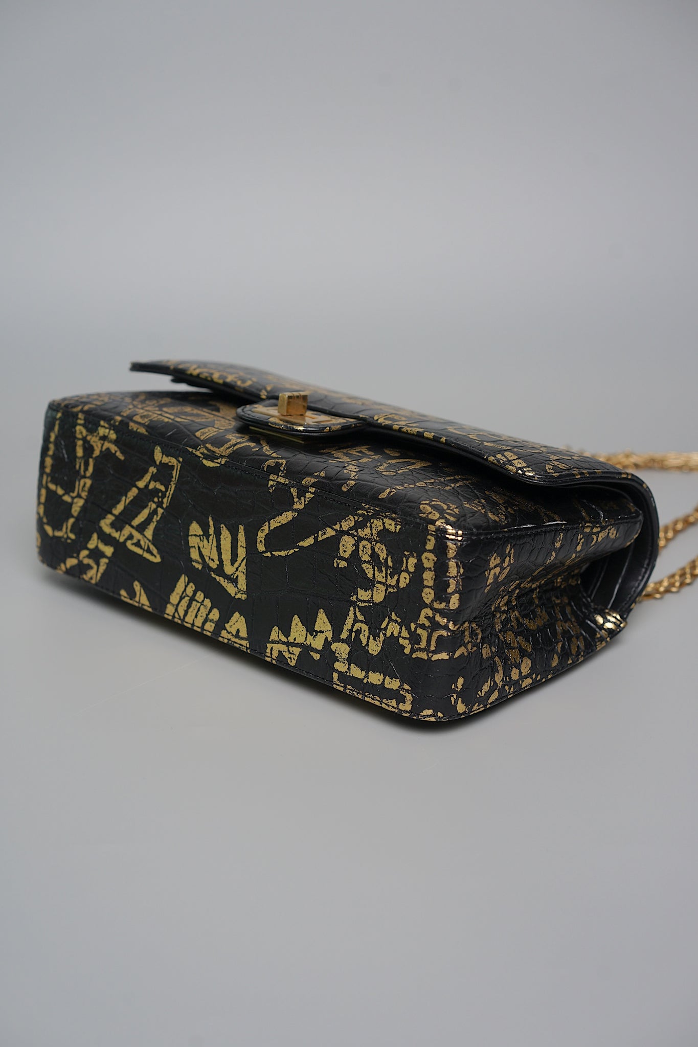 Chanel 2.55 Mini Reissue Crocodile Embossed Graffiti in Black Gold Bghw