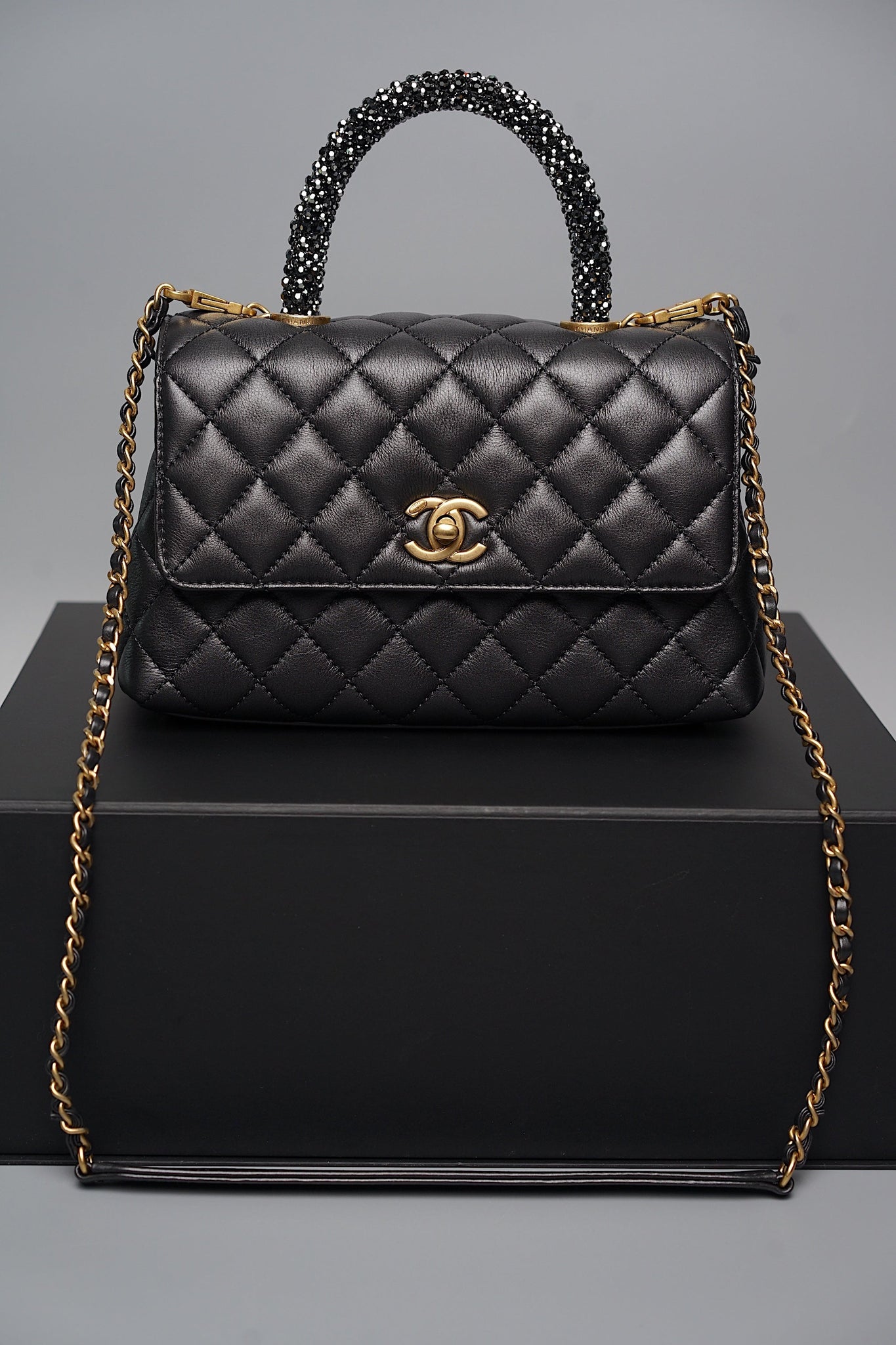 Chanel Coco Handle Small in Black Goat Skin/Black Rhinestones Ghw