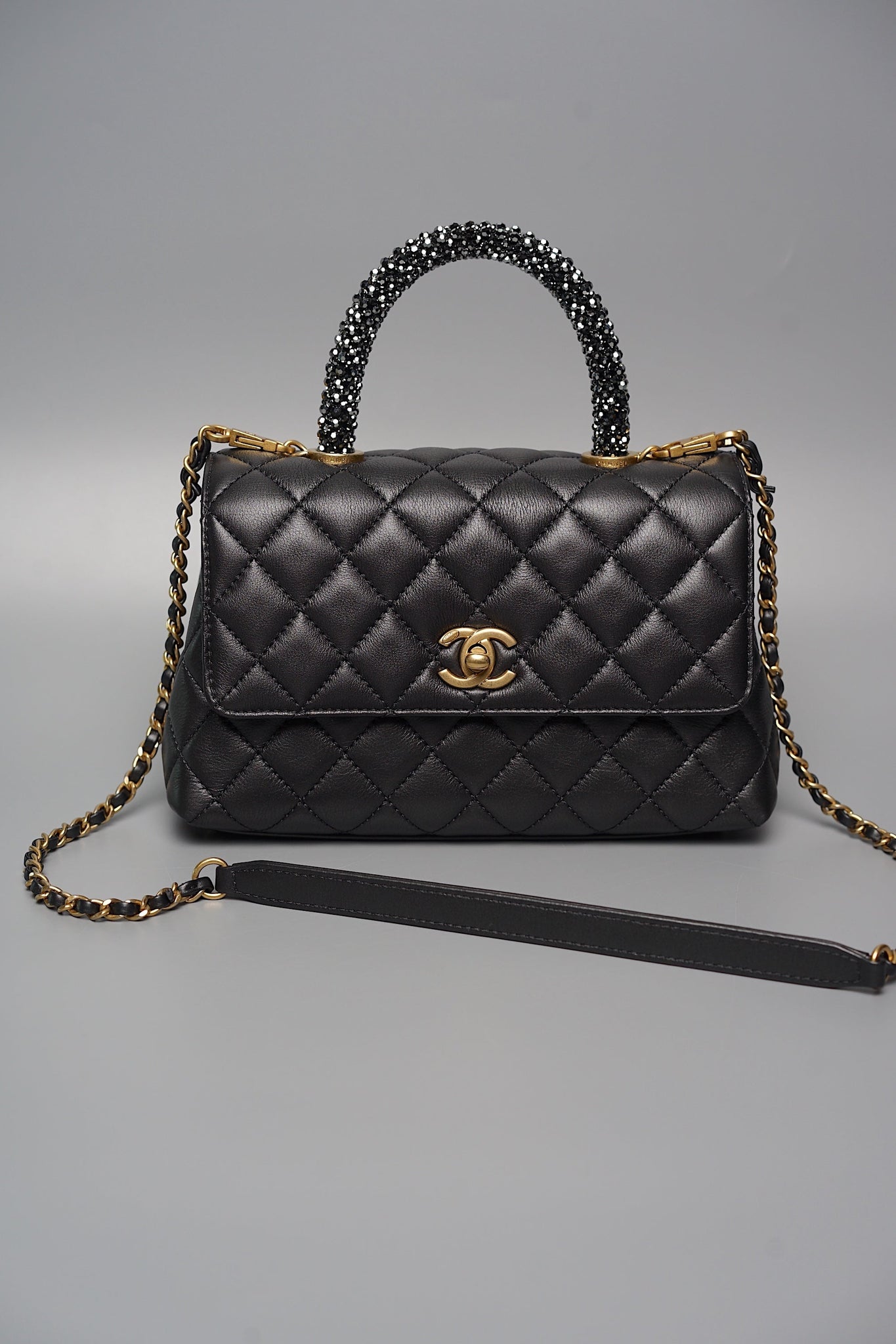 Chanel Coco Handle Small in Black Goat Skin/Black Rhinestones Ghw