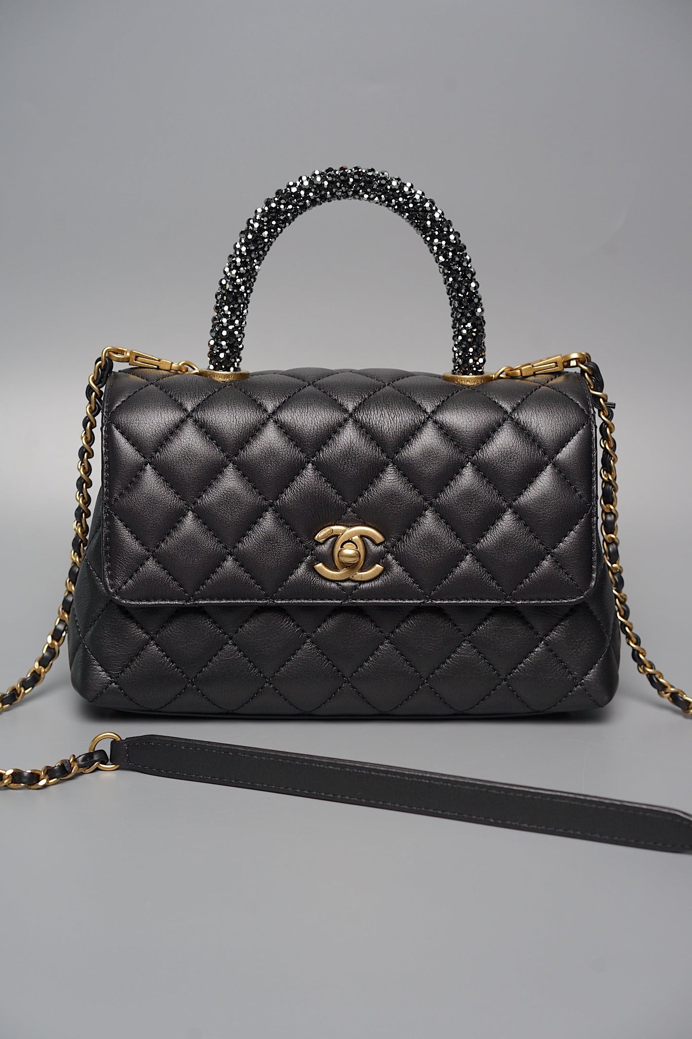 Chanel Coco Handle Small in Black Goat Skin/Black Rhinestones Ghw