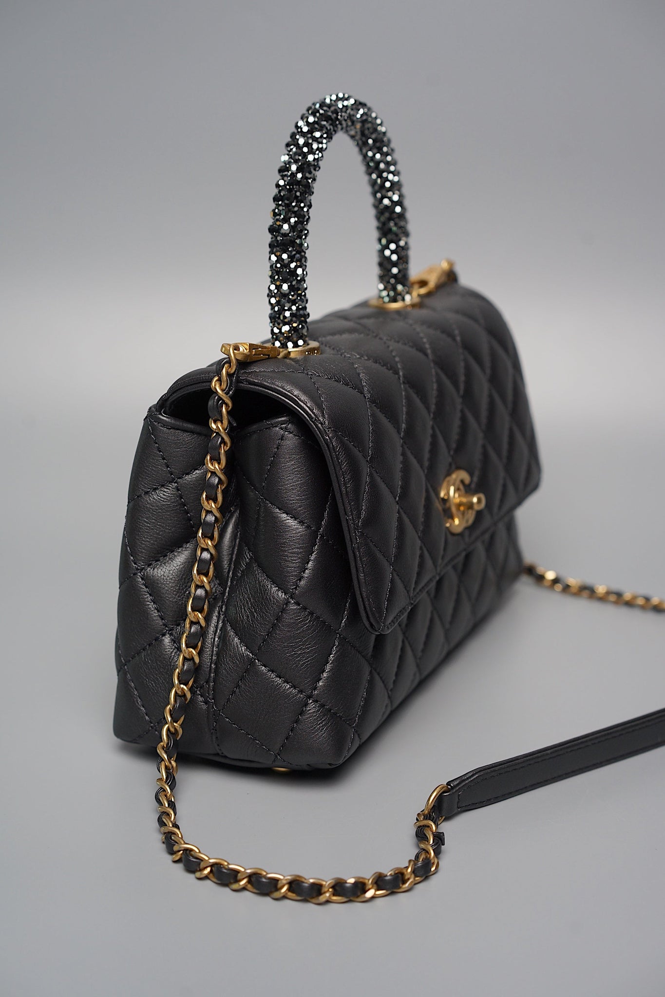 Chanel Coco Handle Small in Black Goat Skin/Black Rhinestones Ghw