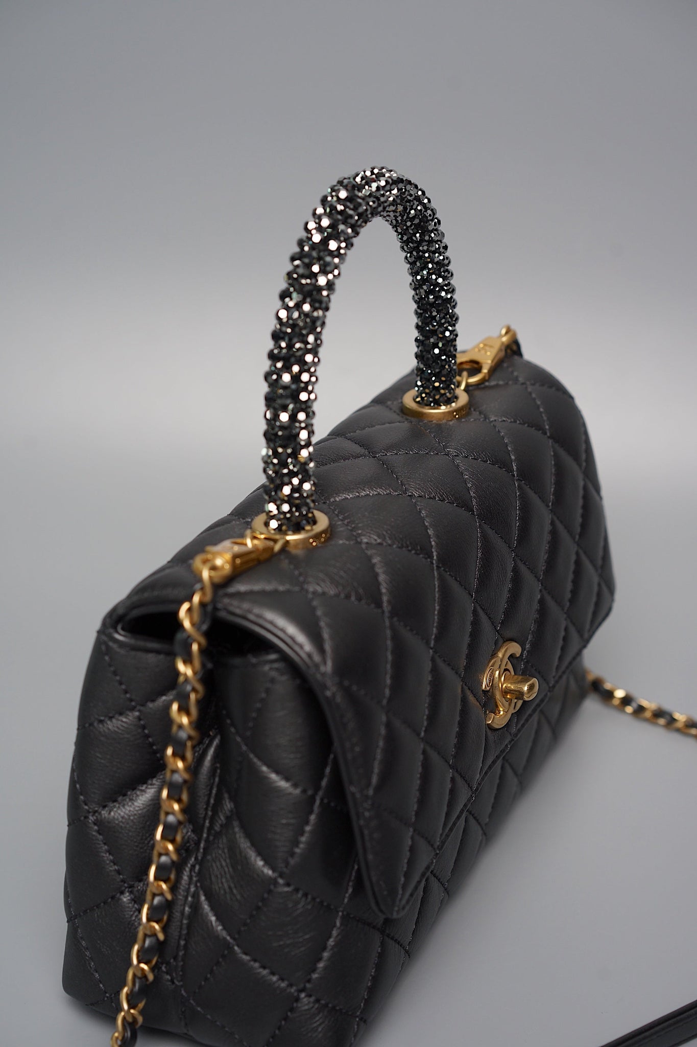 Chanel Coco Handle Small in Black Goat Skin/Black Rhinestones Ghw