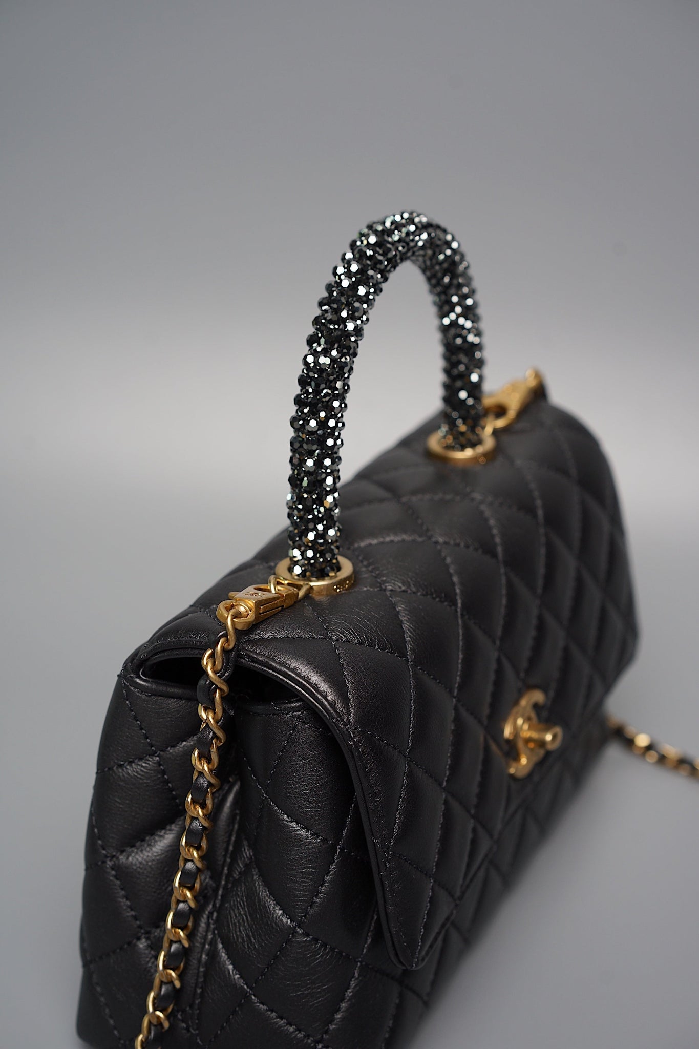 Chanel Coco Handle Small in Black Goat Skin/Black Rhinestones Ghw