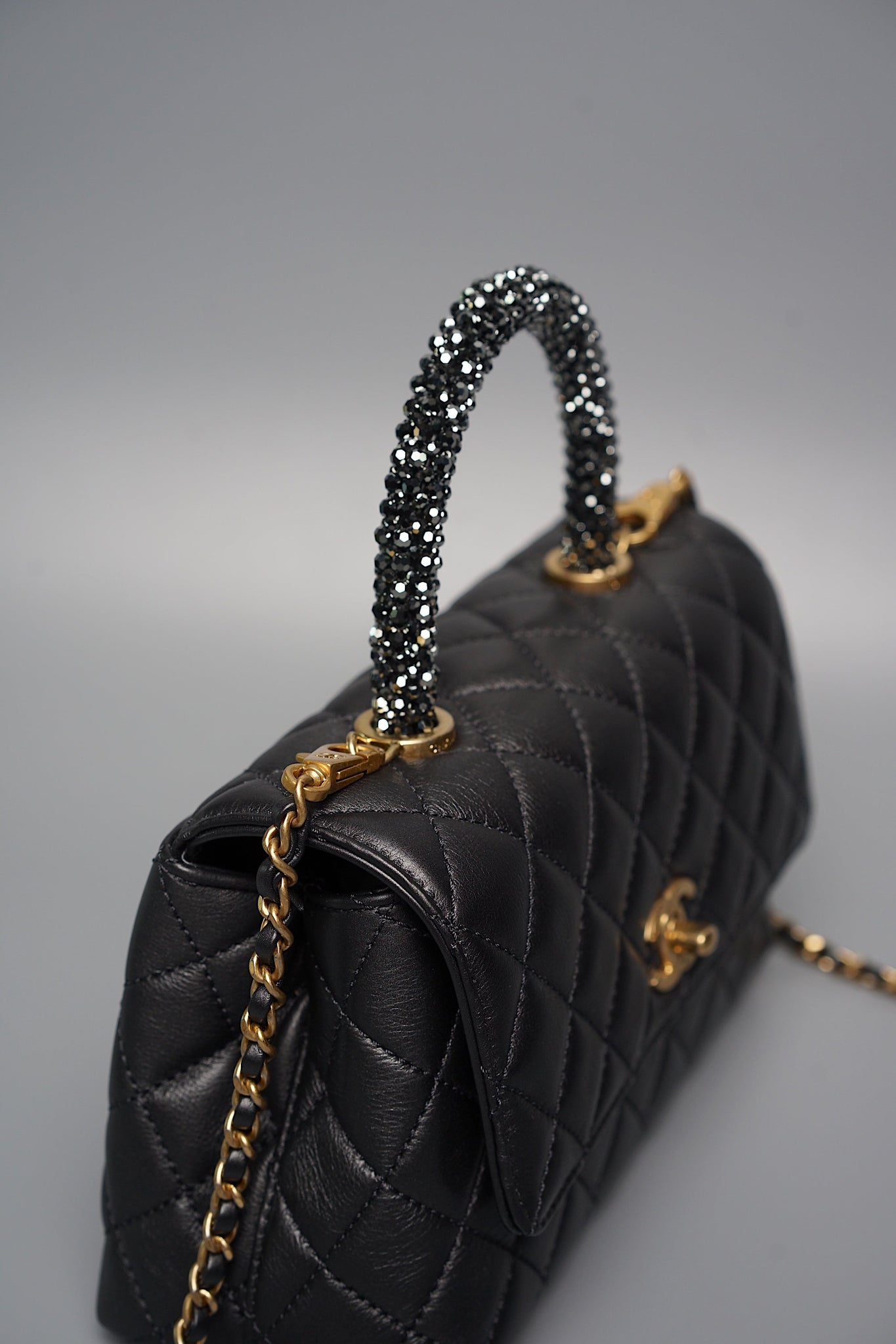 Chanel Coco Handle Small in Black Goat Skin/Black Rhinestones Ghw