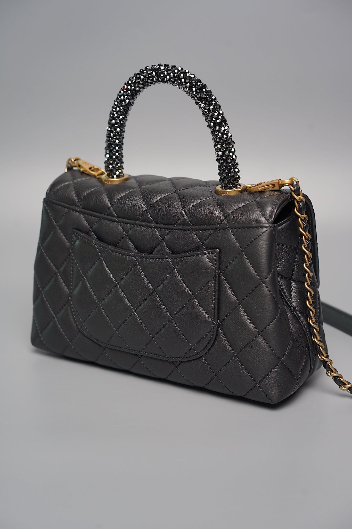 Chanel Coco Handle Small in Black Goat Skin/Black Rhinestones Ghw