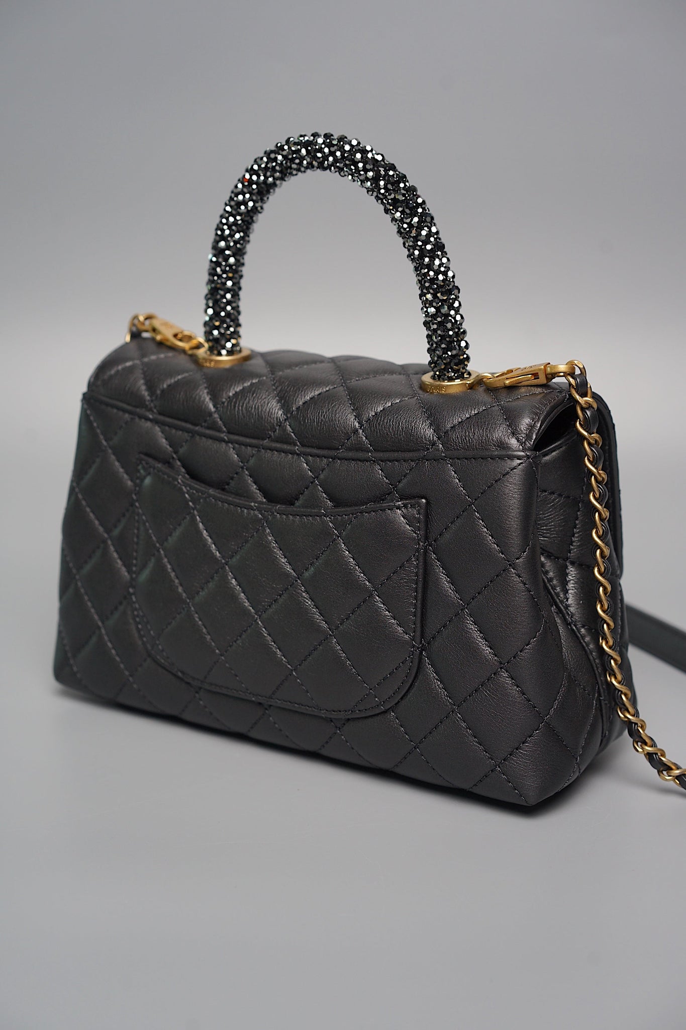 Chanel Coco Handle Small in Black Goat Skin/Black Rhinestones Ghw