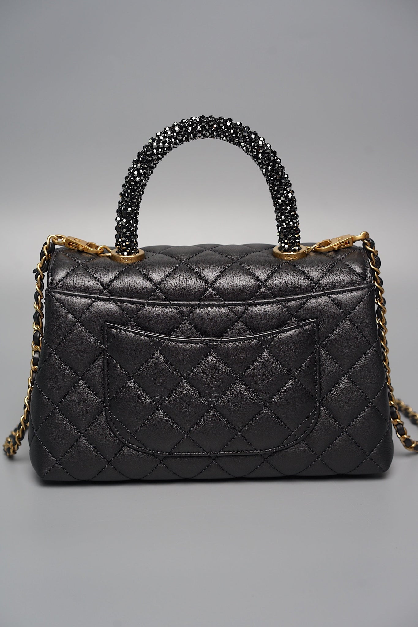 Chanel Coco Handle Small in Black Goat Skin/Black Rhinestones Ghw