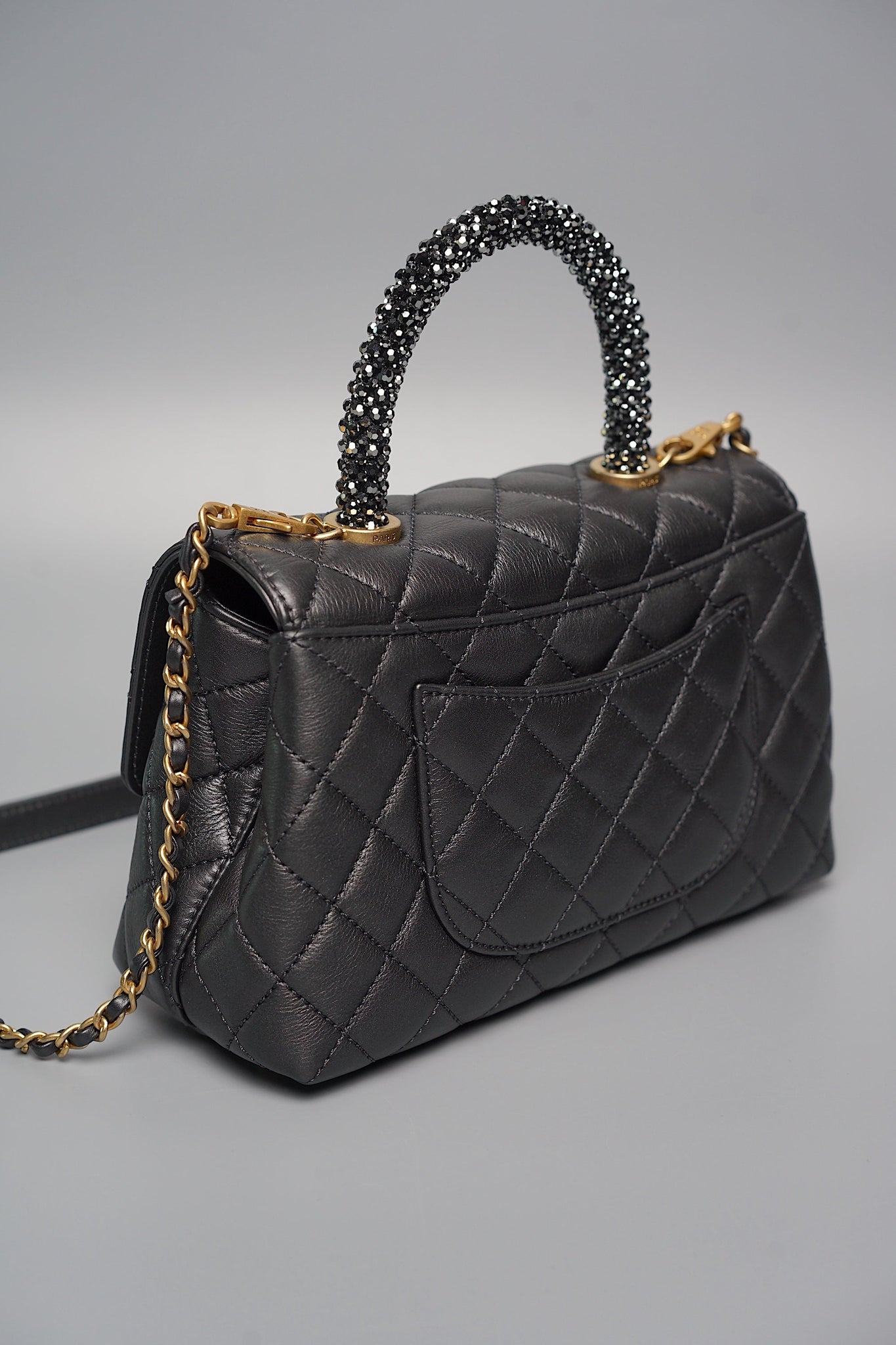 Chanel Coco Handle Small in Black Goat Skin/Black Rhinestones Ghw