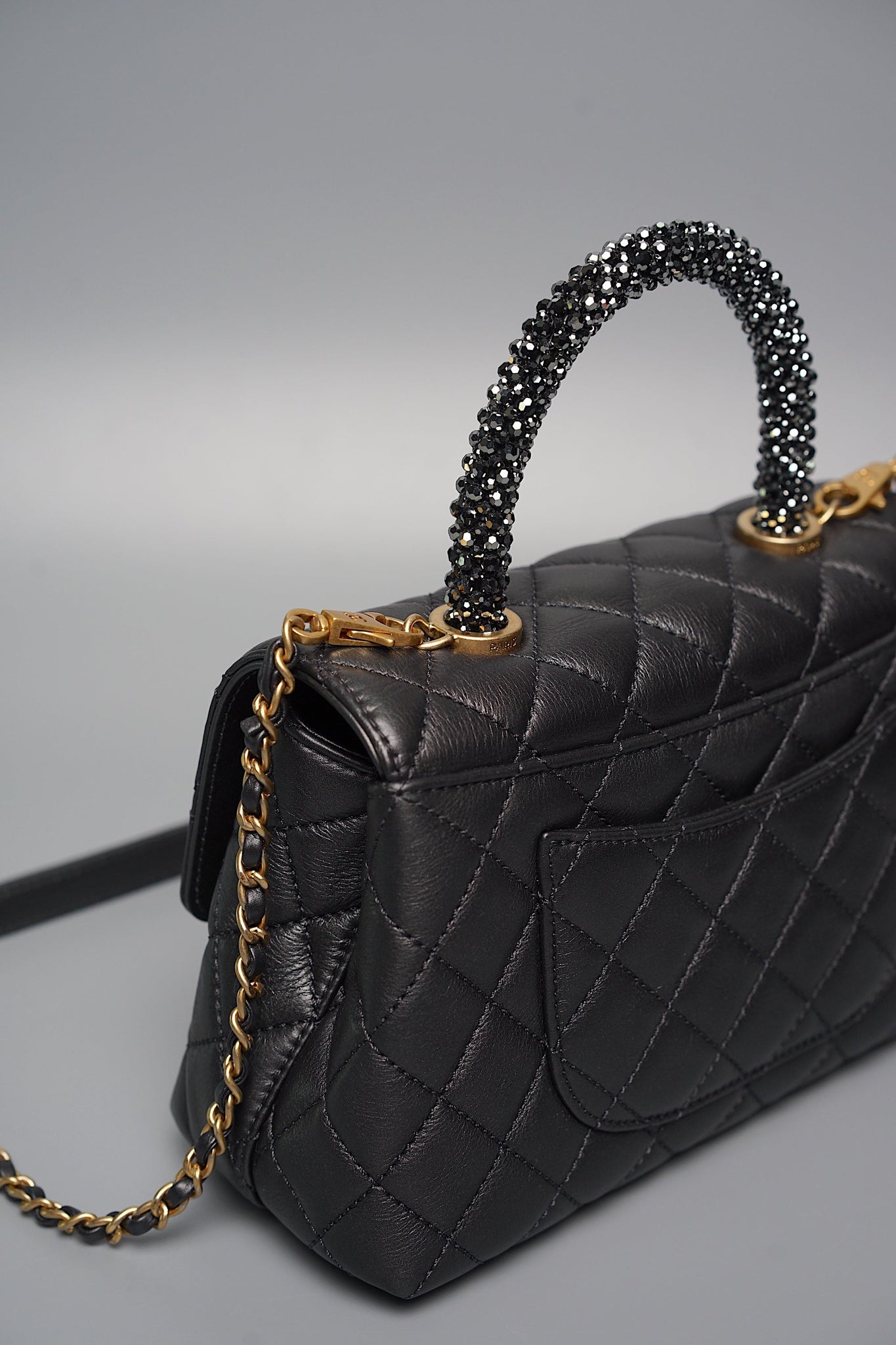 Chanel Coco Handle Small in Black Goat Skin/Black Rhinestones Ghw