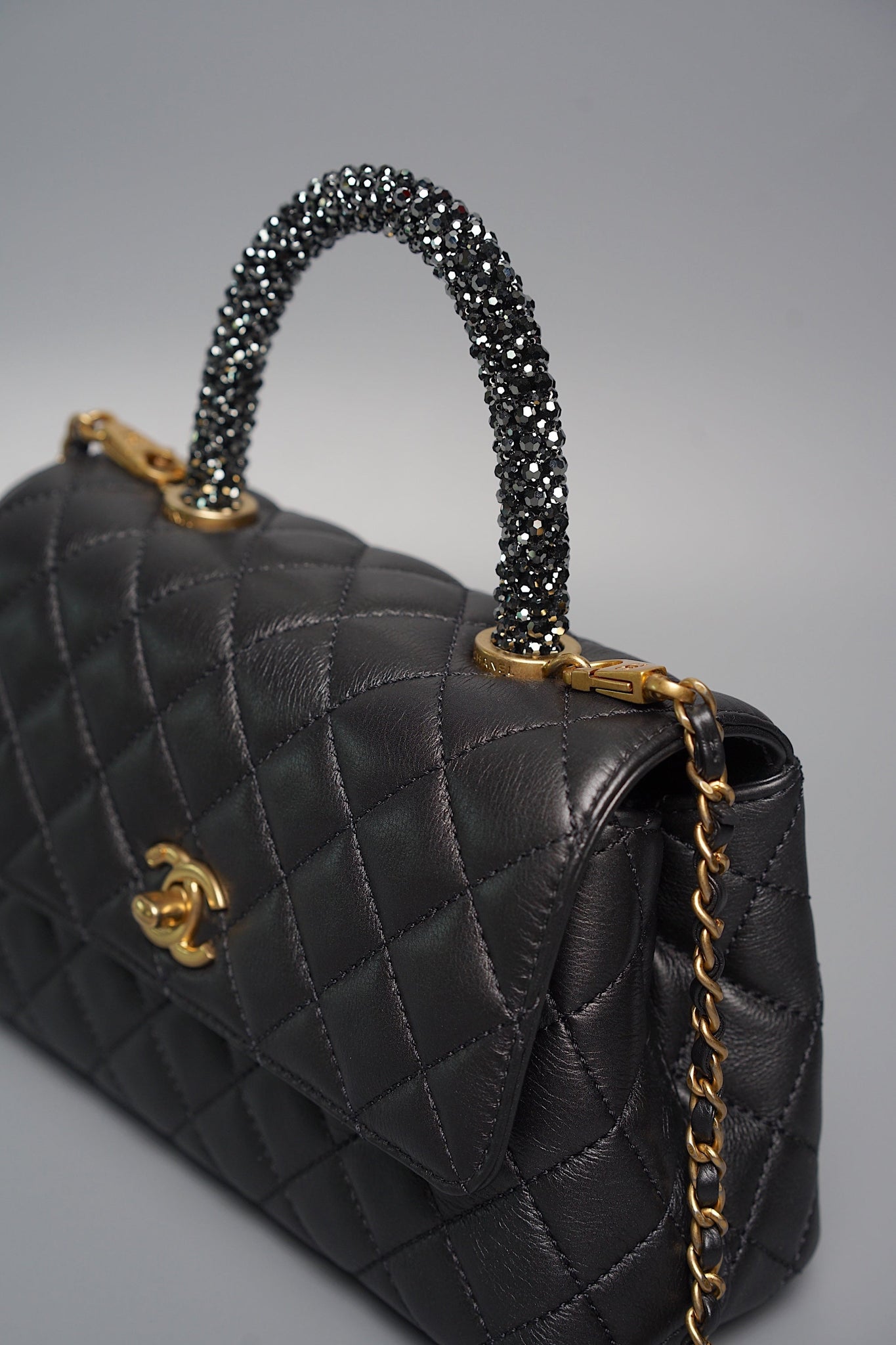 Chanel Coco Handle Small in Black Goat Skin/Black Rhinestones Ghw